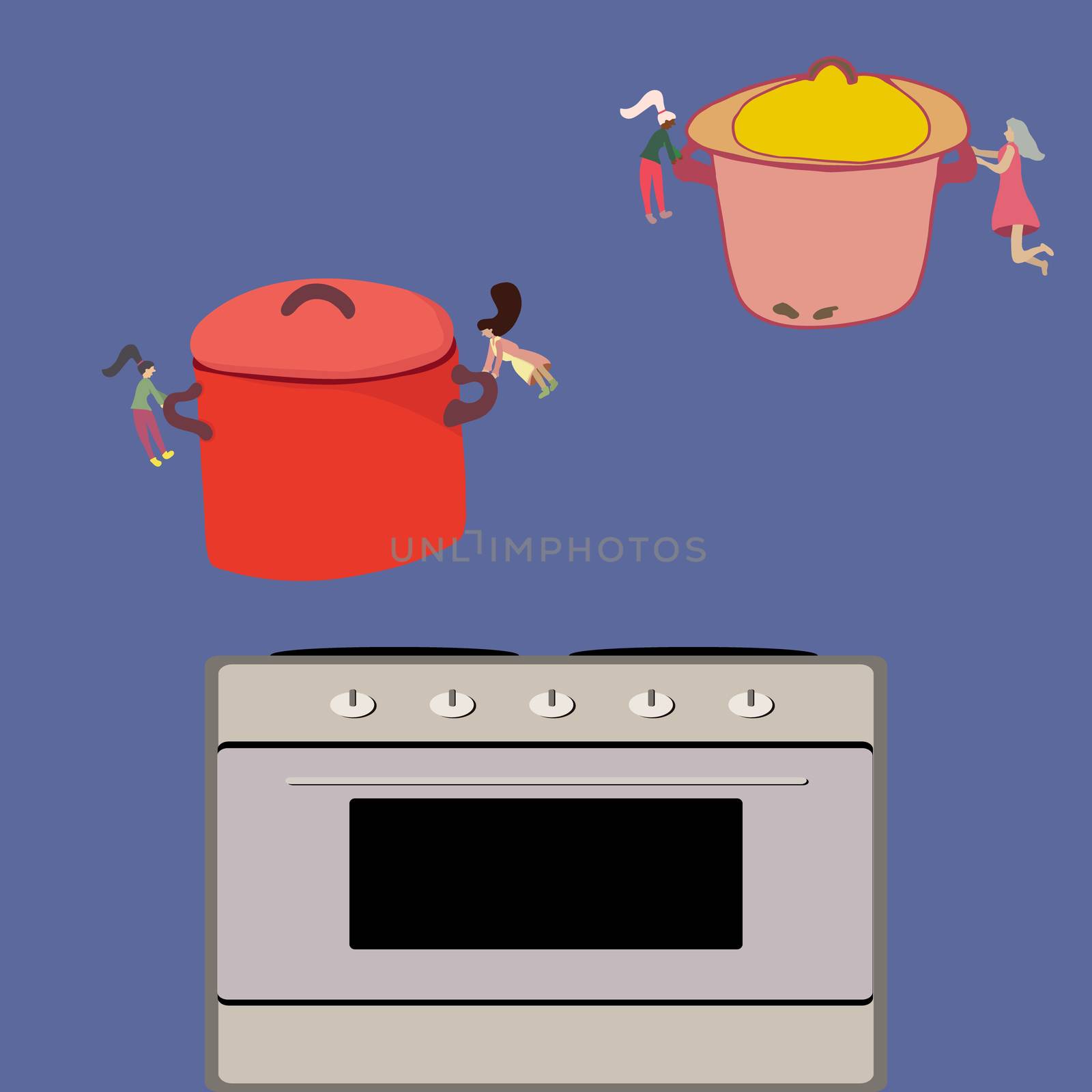 Tiny people holding giant pots. Cute illustration of food preparation. 