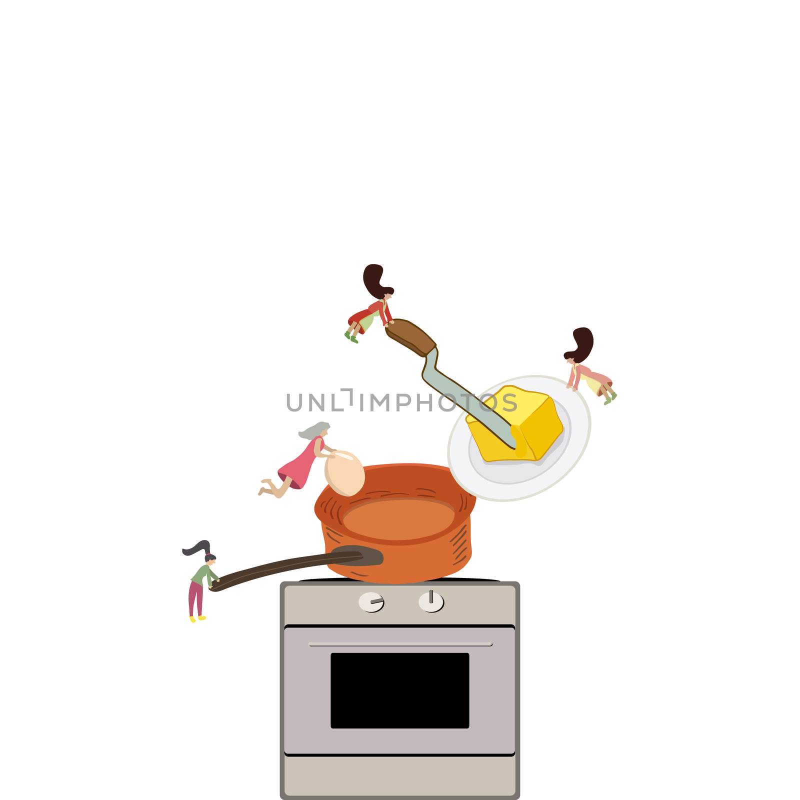 Small female preparing to fry an egg. Little women holding butter and an egg and putting a pan on cooker.