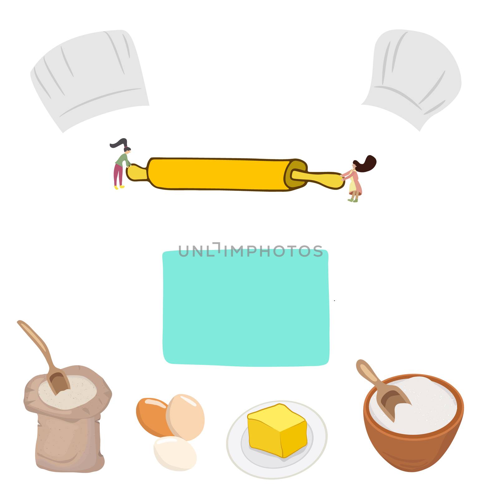 Tiny cute chefs preparing foor, Flour sack, sugar bowl, butter portion and three eggs illustration. 