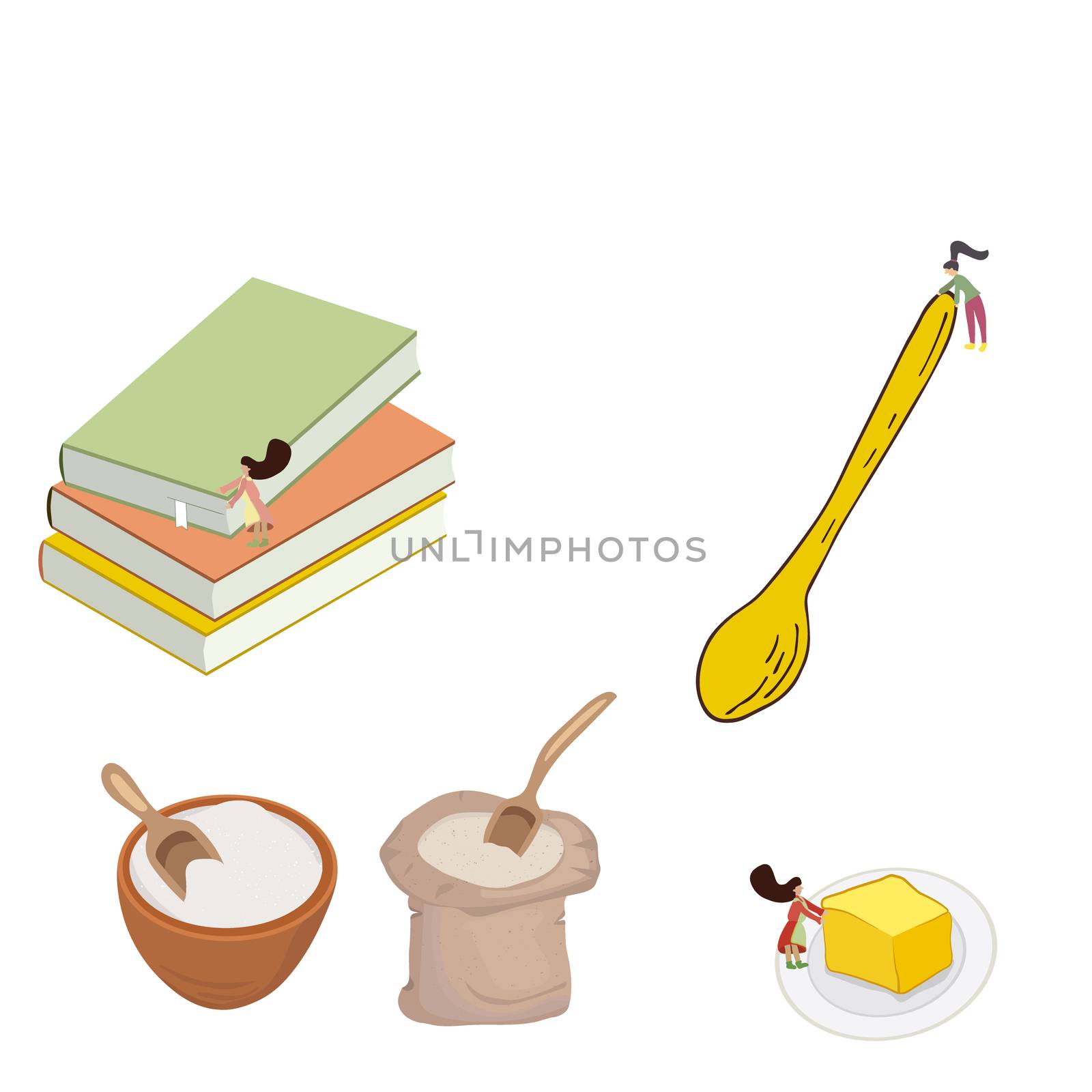 Little people preparing food and recipes.Cooking process illustration. 