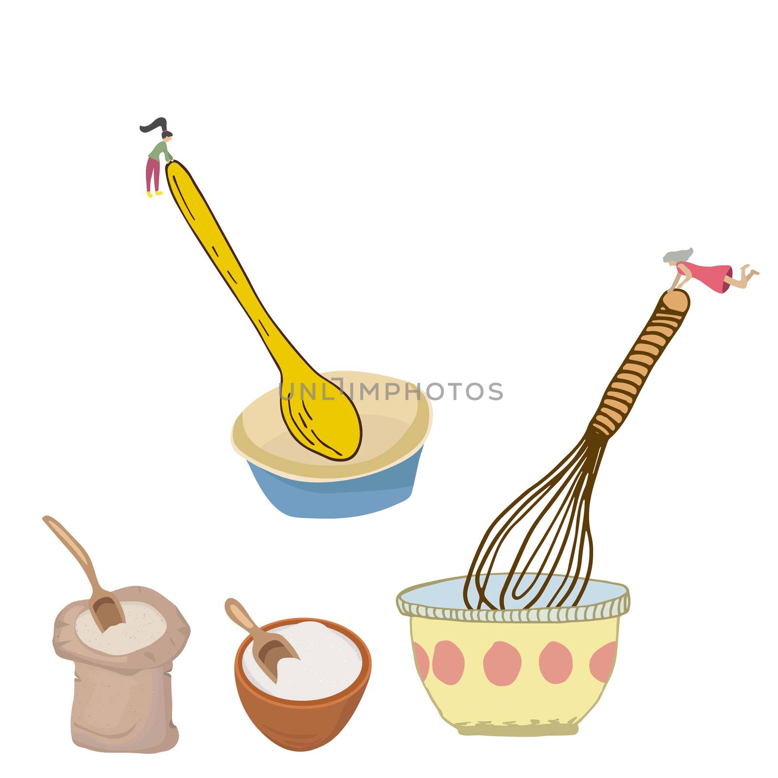 Cartoon illustration of small female whisking and mixing.