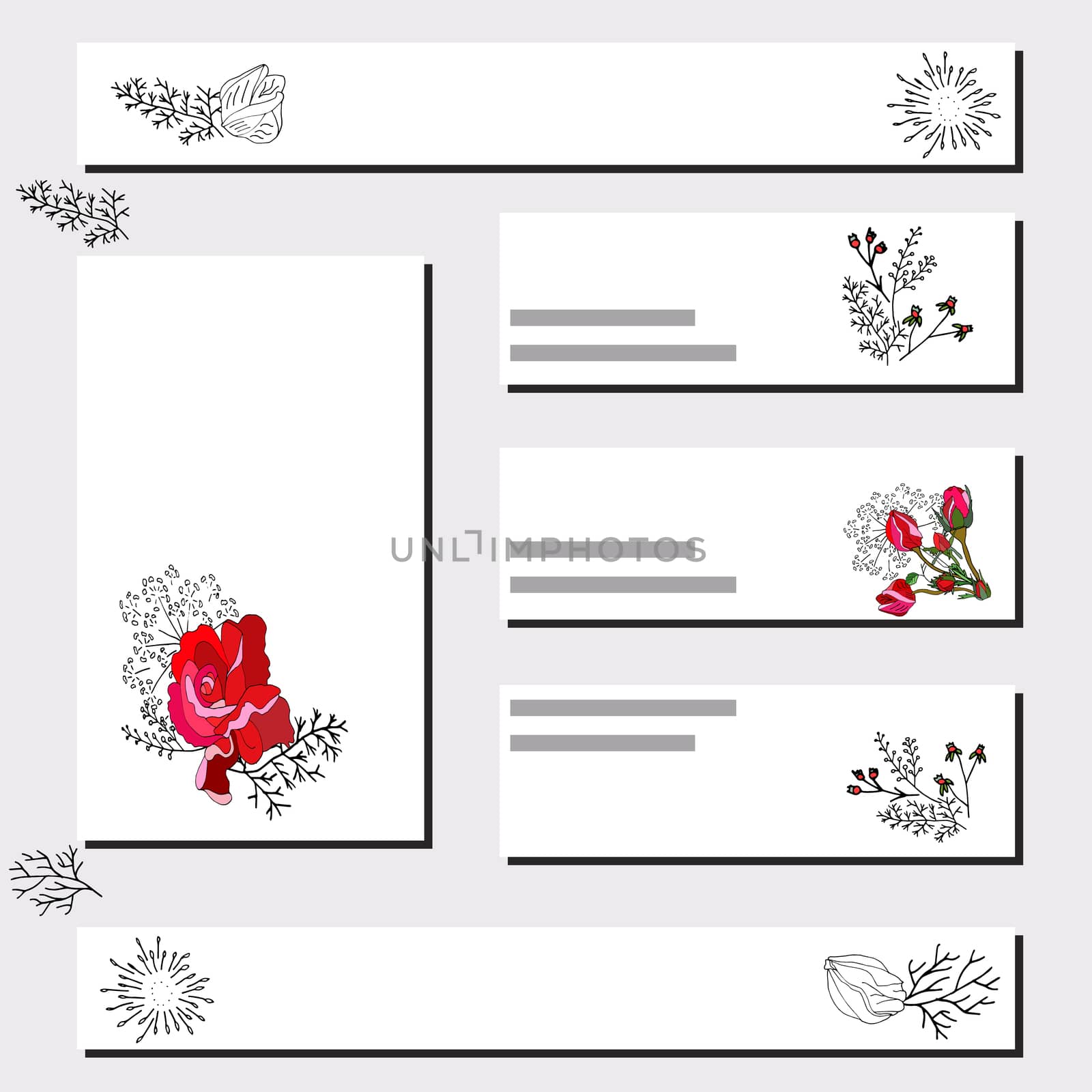 Card templates with red rose and 
cute black rose silhouette. Design for romantic announcements, greeting cards, posters, advertisement. Vector
