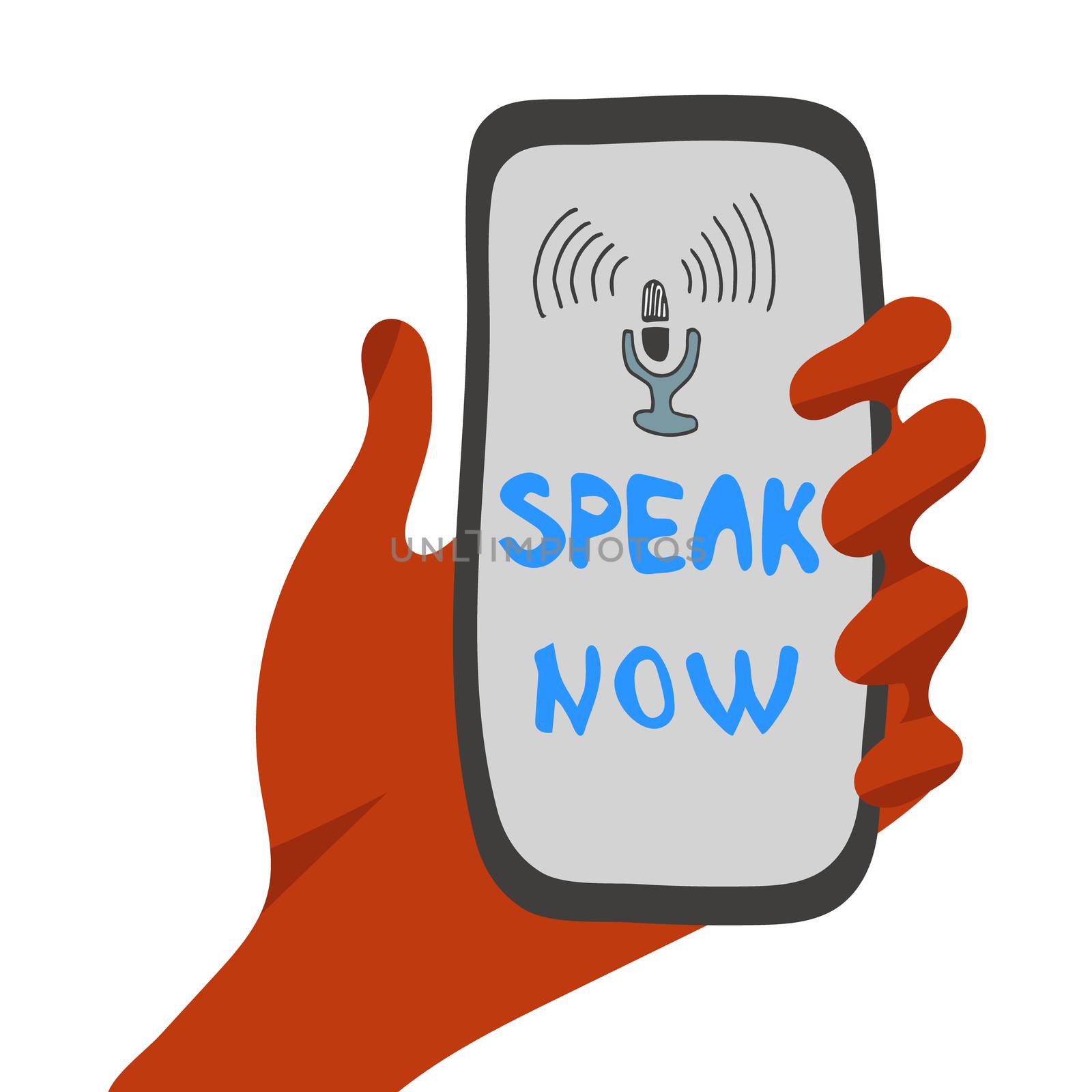 Voice recognition, hand a smartphone ith a microphone icon.