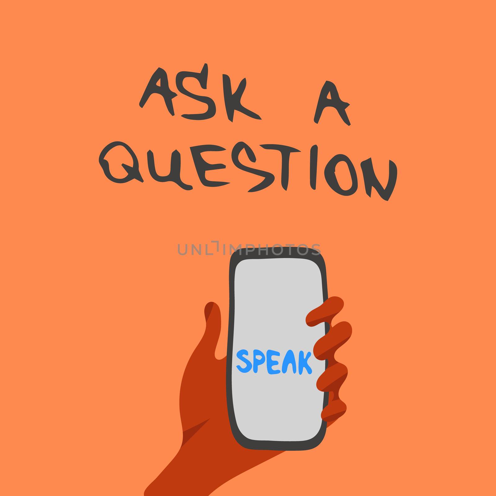 Hand holding a smartphone, ask a question smart device. Voice recognition illustration. 