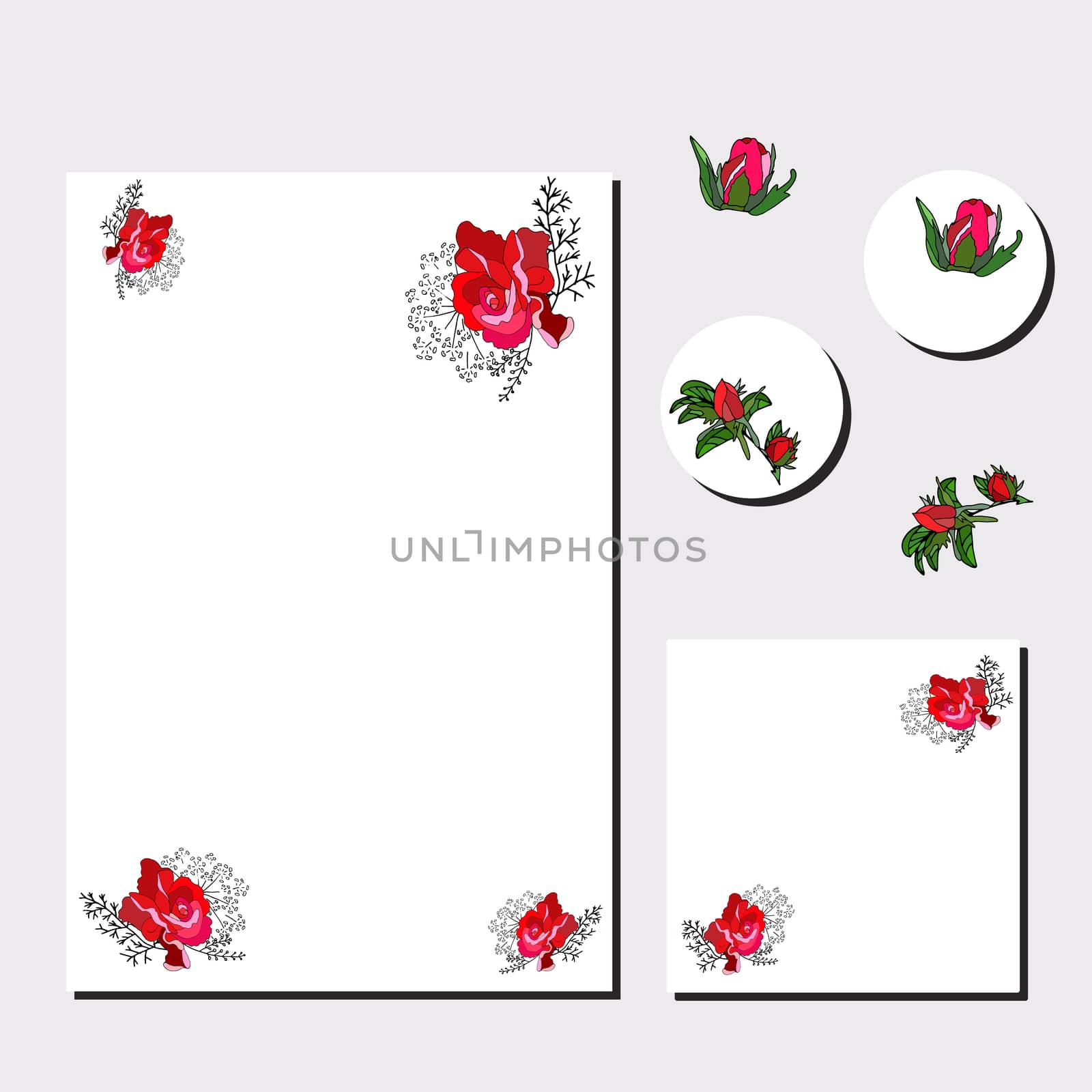 Set of cards with red roses for romantic design, announcements, greeting cards, posters, advertisement. Vector