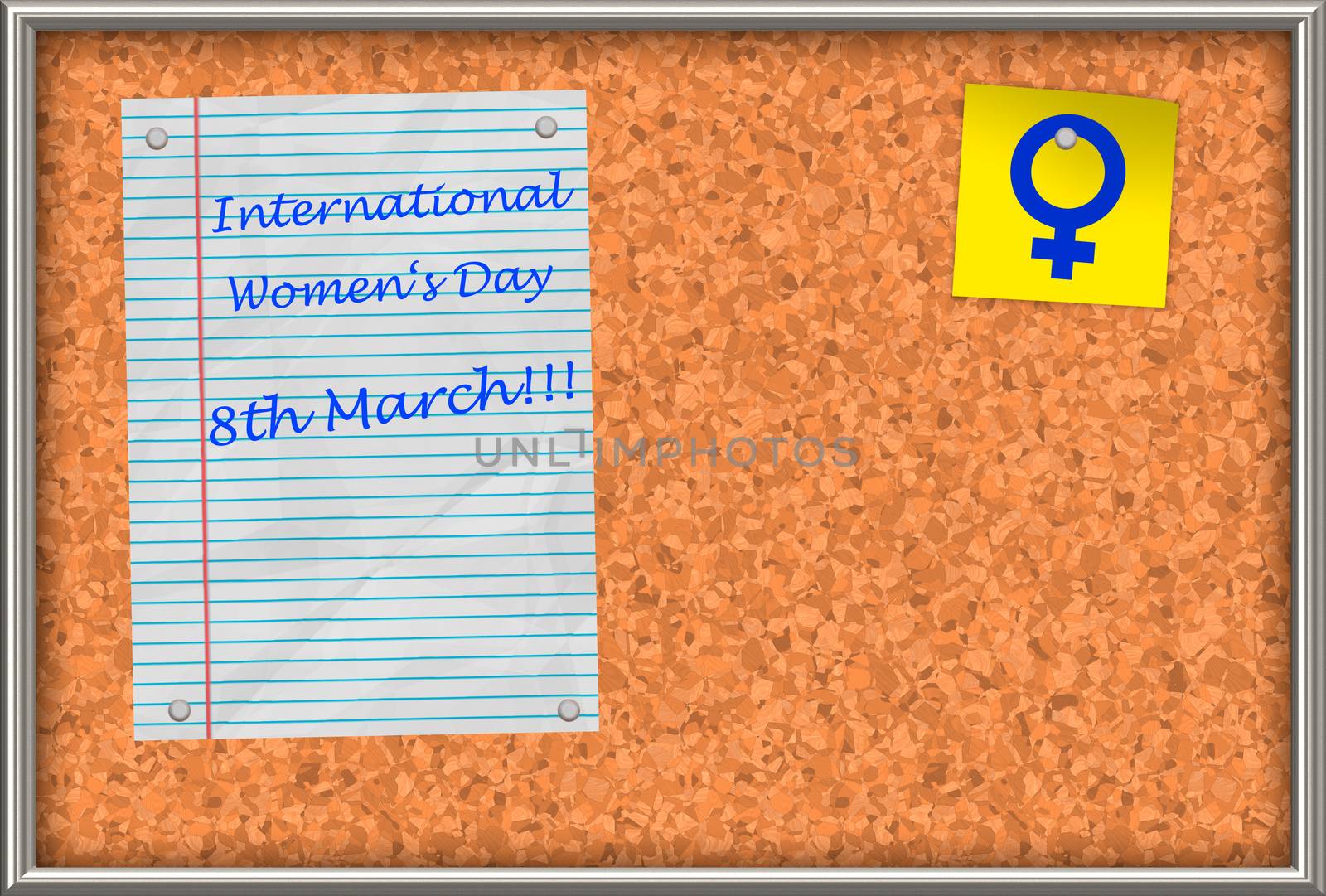 Illustration of a cork board with a notpad and text International Women's Day 8th March!!! and a women's sign and free space