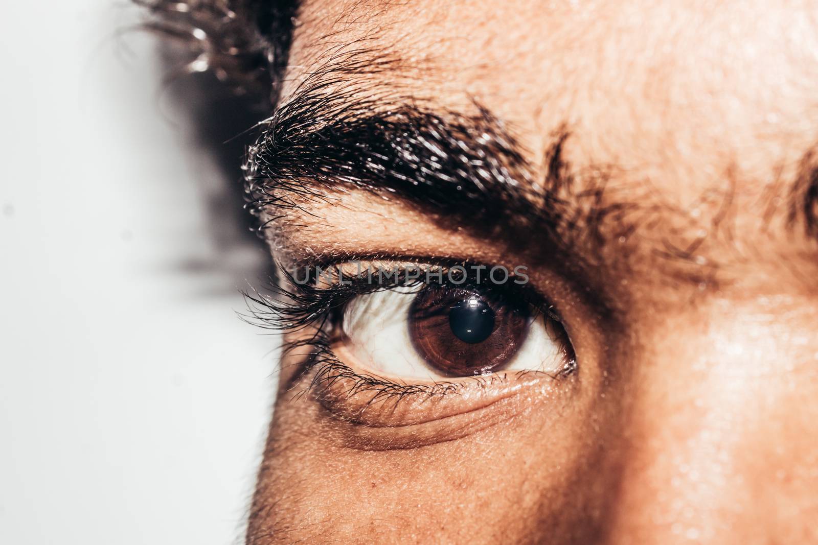 Macro shot of young man's eye: The human eye sideways, Close-up, isolated on white background