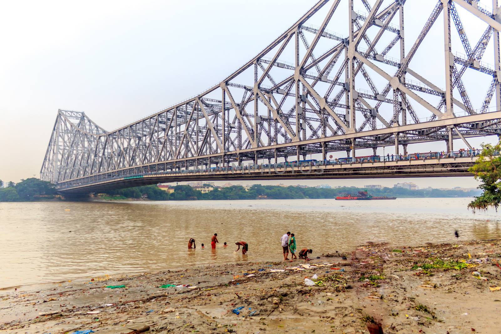 View of historic Second Howrah Bridge on Hooghly river Kolkata India