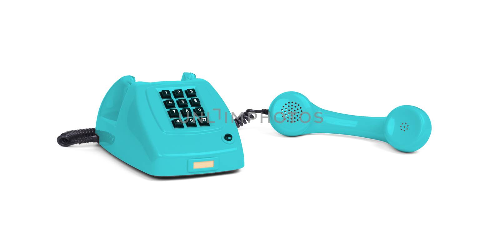 Vintage blue telephone with a white background