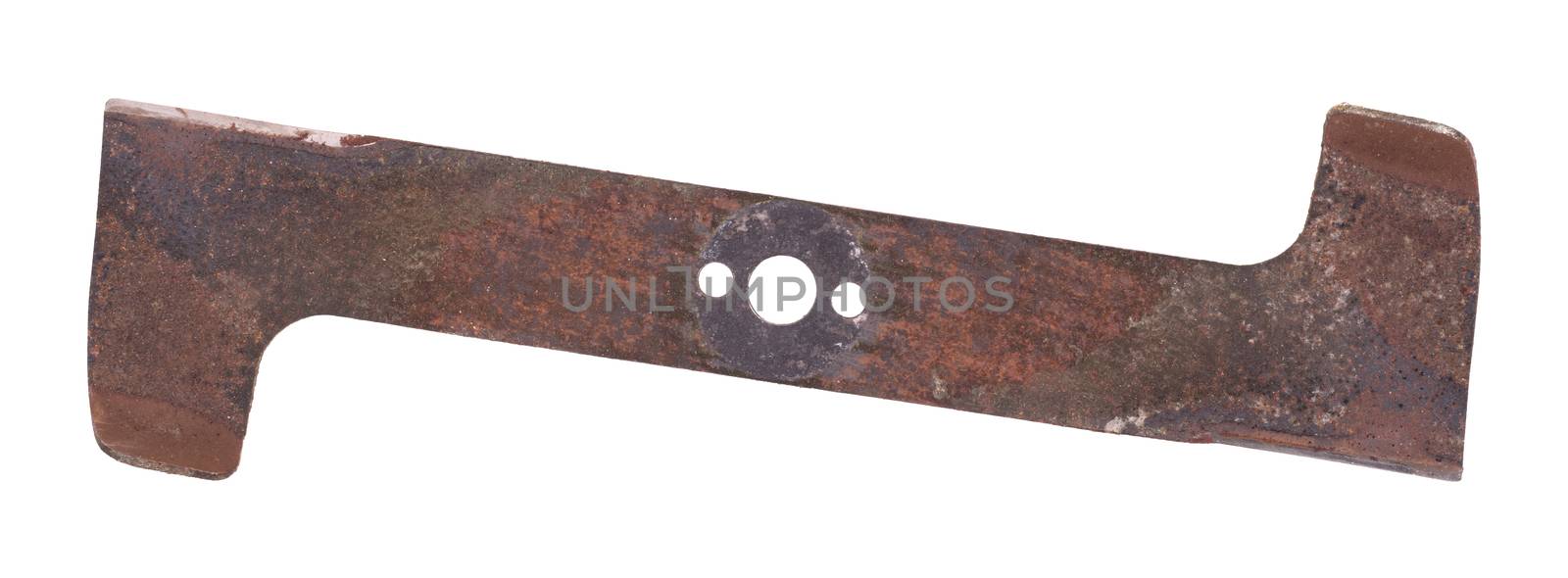 Lawn mower blade, old and used, isolated on white