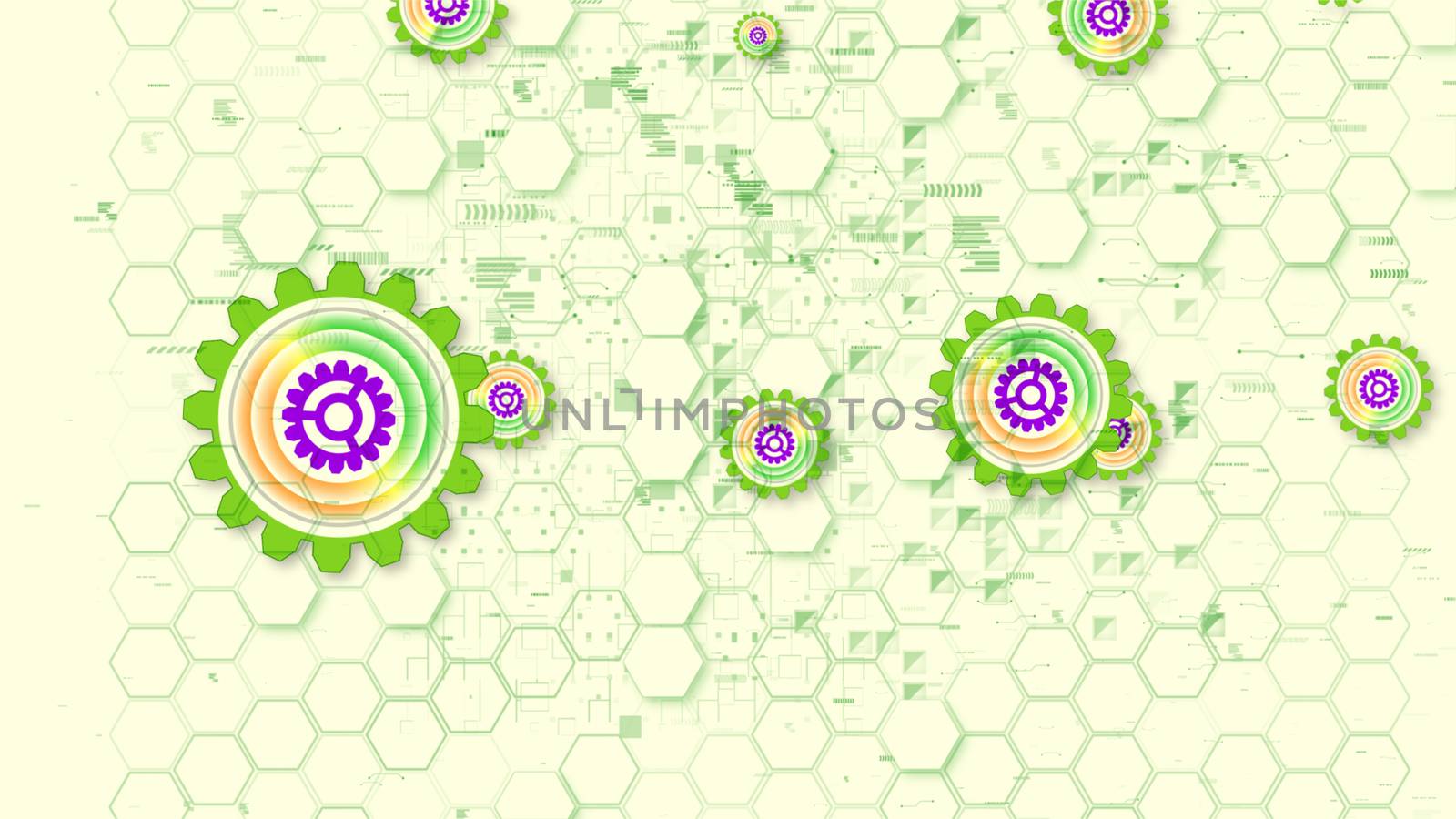 Cheerful 3d illustration of multishaped cyber security gear wheels of light green, yellow and violet colors in the white background. They shape the mood of optimism.