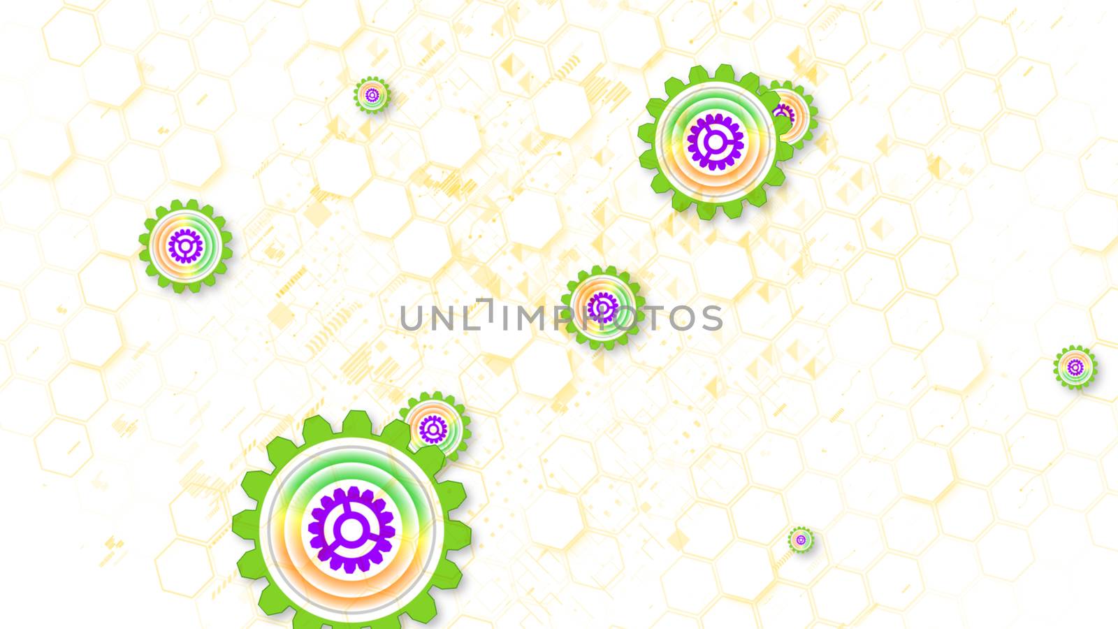 Optimistic 3d illustration of cyber security cogwheels of light brown, green and violet colors in the white background. They soar and spin shaping the mood of joy and innovation.