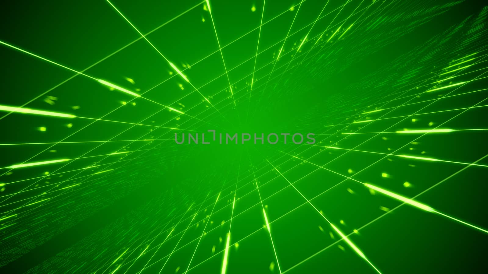 Striking 3d illustration of time portal from two moving surfaces covered with square nets and spinning dots in the green background. It generates the hi-tech mood of innovation.