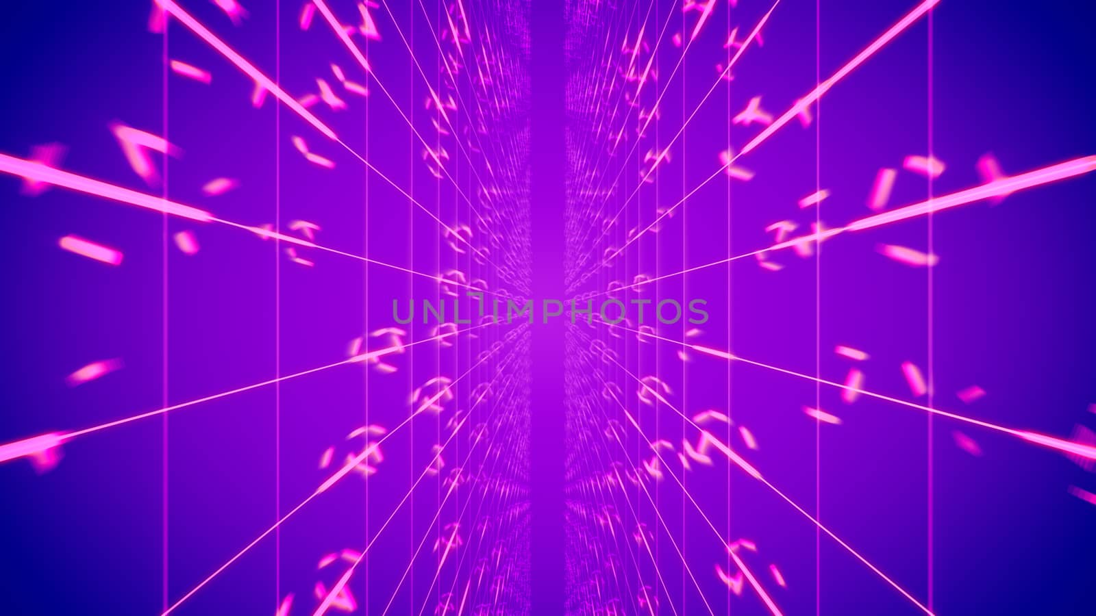 Innovative 3d illustration of time portal from two inclined surfaces with square pink meshes and rotating circles in the light violet backdrop. It creates the mood of mobility