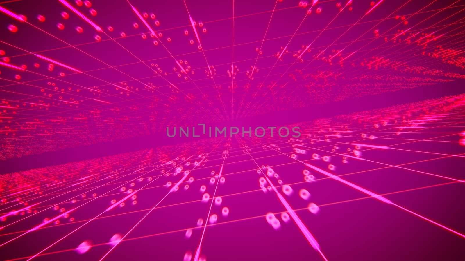 Imposing 3d illustration of time tube from two leaning surfaces covered with square rosy nets and flying spots in the dark pink background. It creates the cheery and futuristic mood.