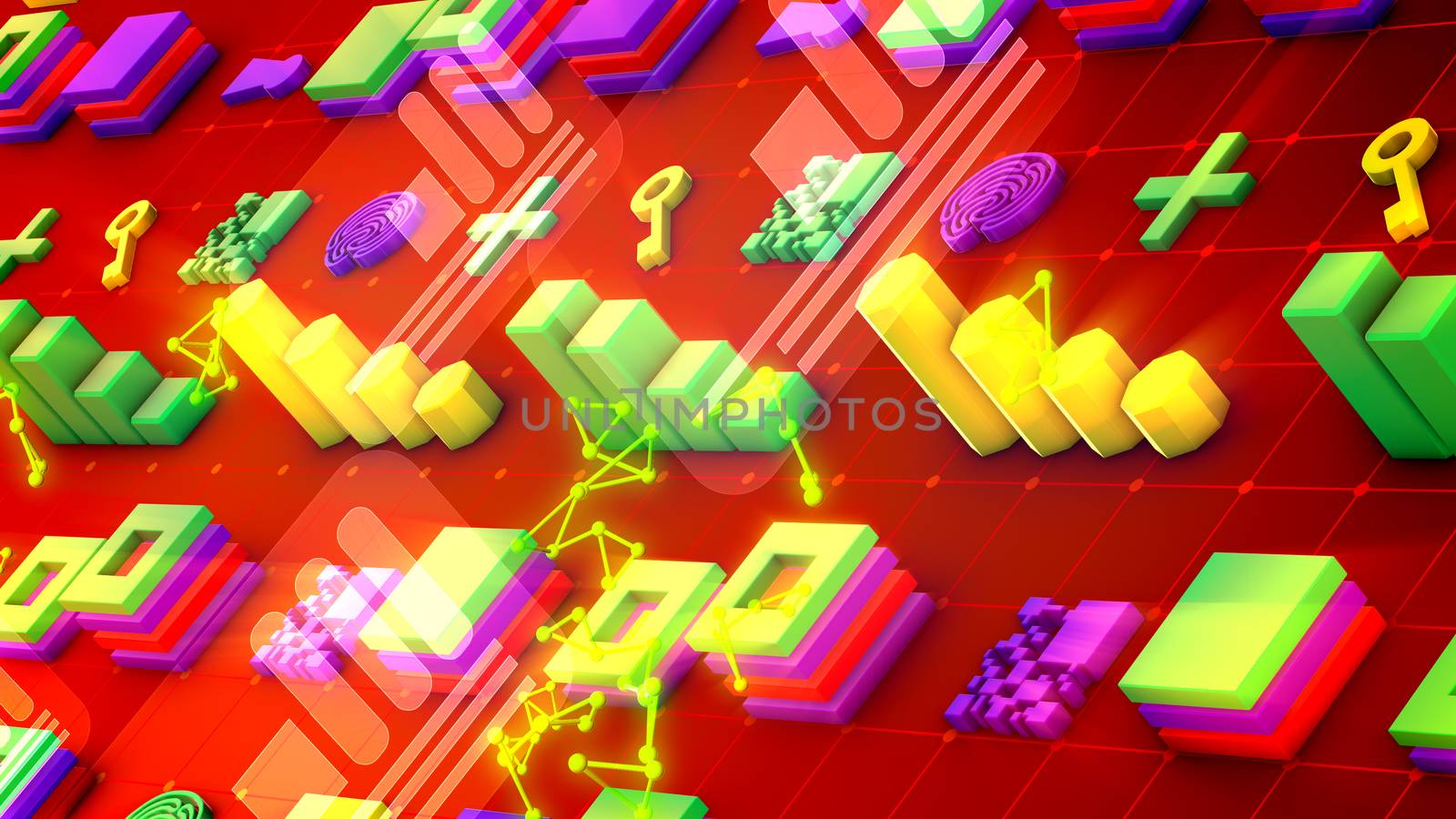 Funny 3d illustration of colorful bar graphs, lines of squares, lengthy keys, large pluses, square mazes, and bright golden triangulars in the red background. It looks cheerful