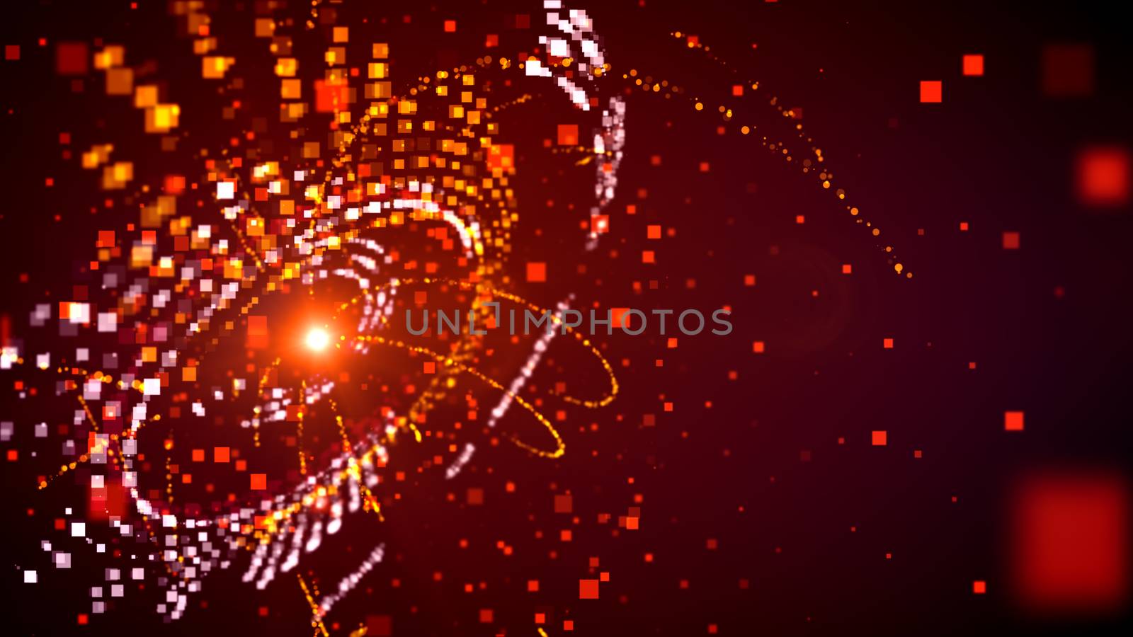 Imposing 3d illustration of a sphere with many shining orange circles inside with particle waves spinning around in the dark purple background. It looks cheerful and optimistic
