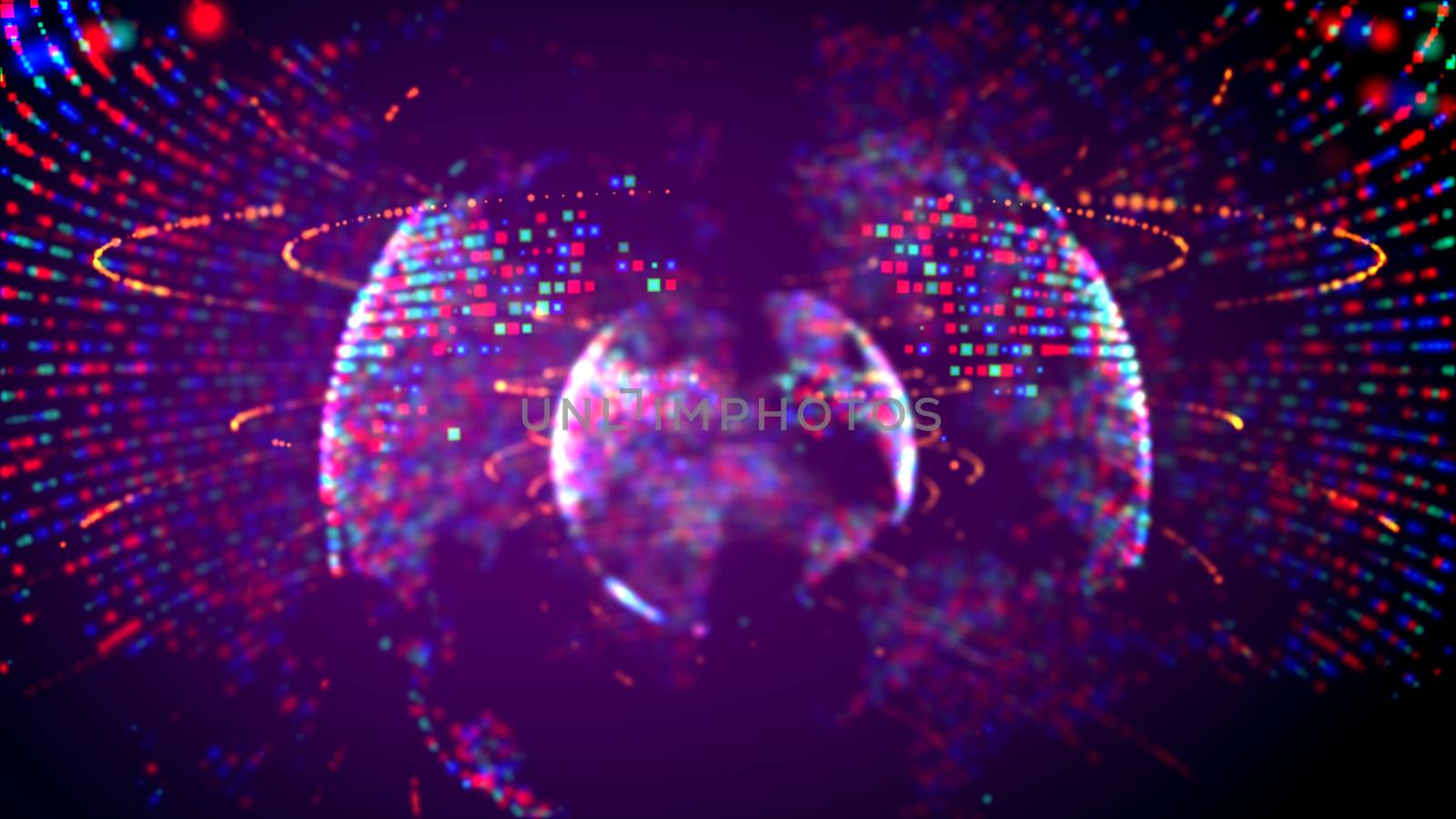 Amazing 3d illustration of four shimmering blue and red spheres spinning inside of each other in the black background with orange lines around. It looks like a pop music light.