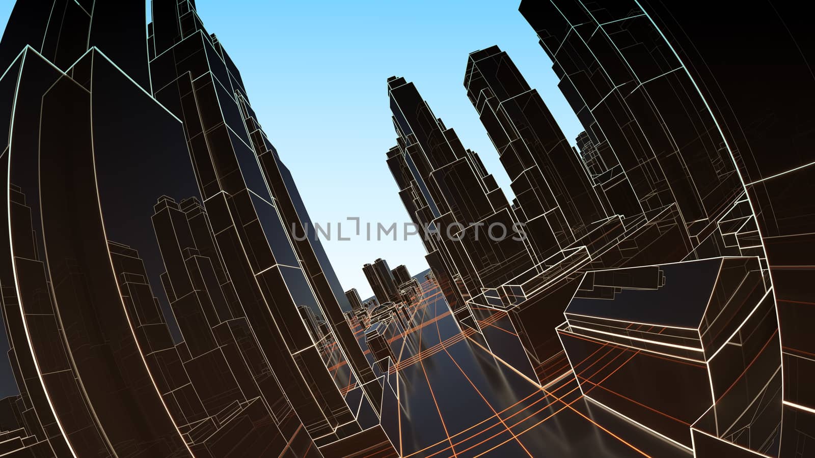 Abstract 3D city with luminous lines and black mirror buildings. The concept of new technologies. 3d illustration