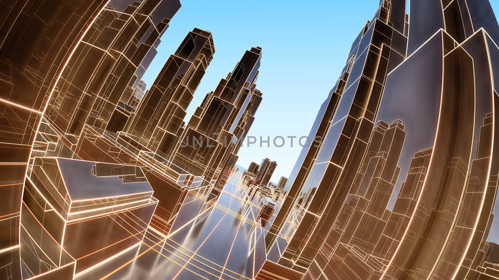 Abstract 3D city with luminous lines and black mirror buildings. The concept of new technologies. 3d illustration