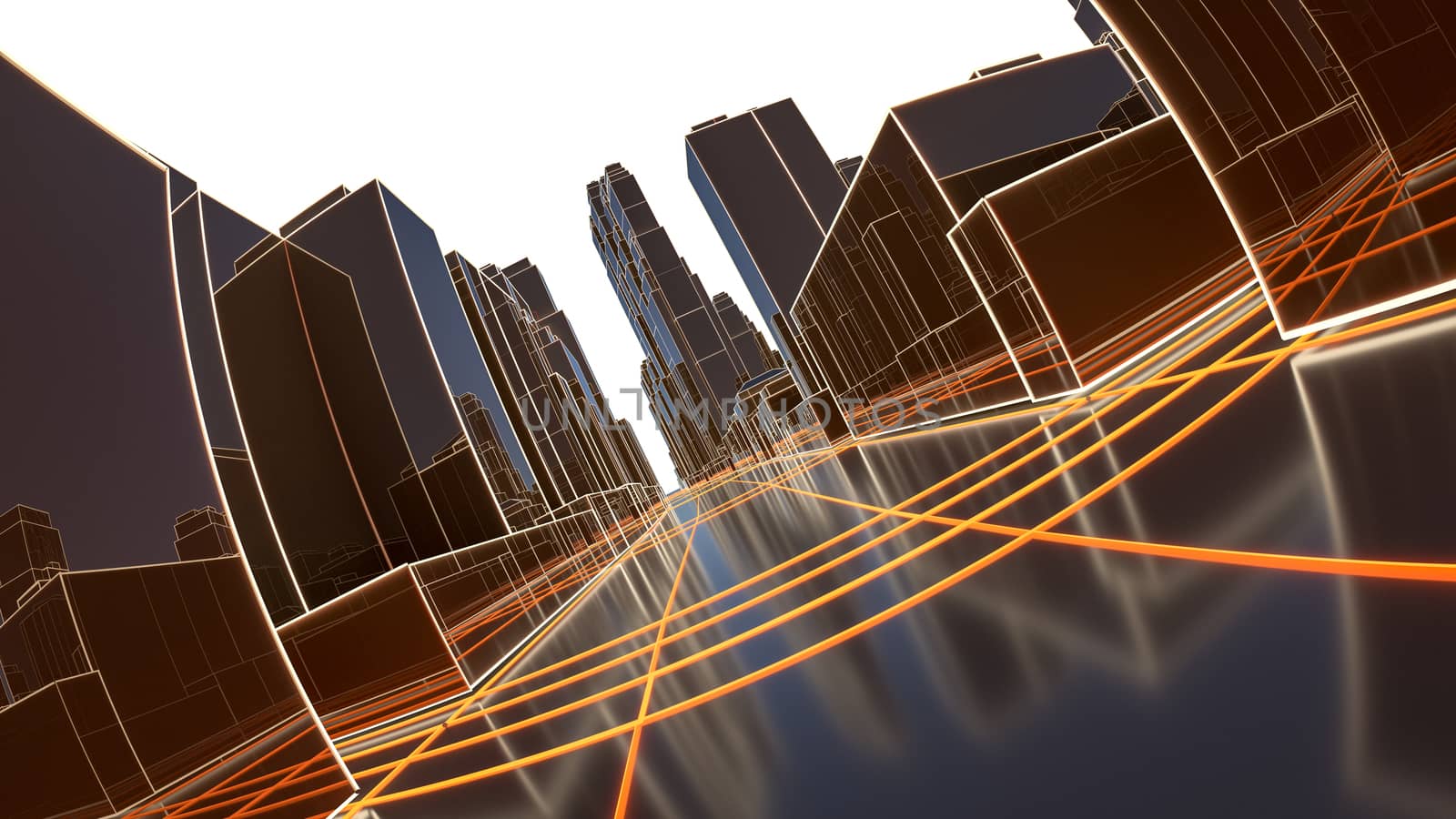 Abstract 3D city with luminous lines and black mirror buildings by cherezoff