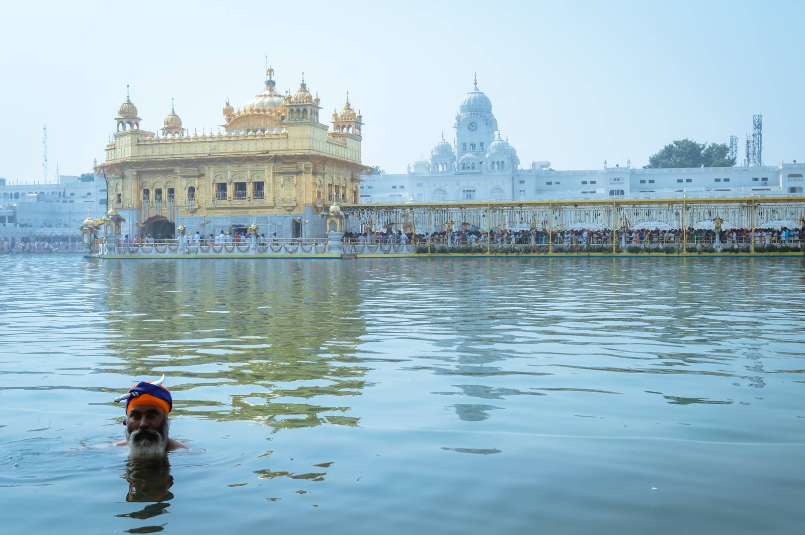 Amritsar, Punjab, India, Asia - MAY 9: Punjabi Sikh pilgrim devotee "Nihang Warrior" taking bath and prayer in pond and meditating in front of Golden Temple ("Harmandir Sahib Darbar Gurudwara")