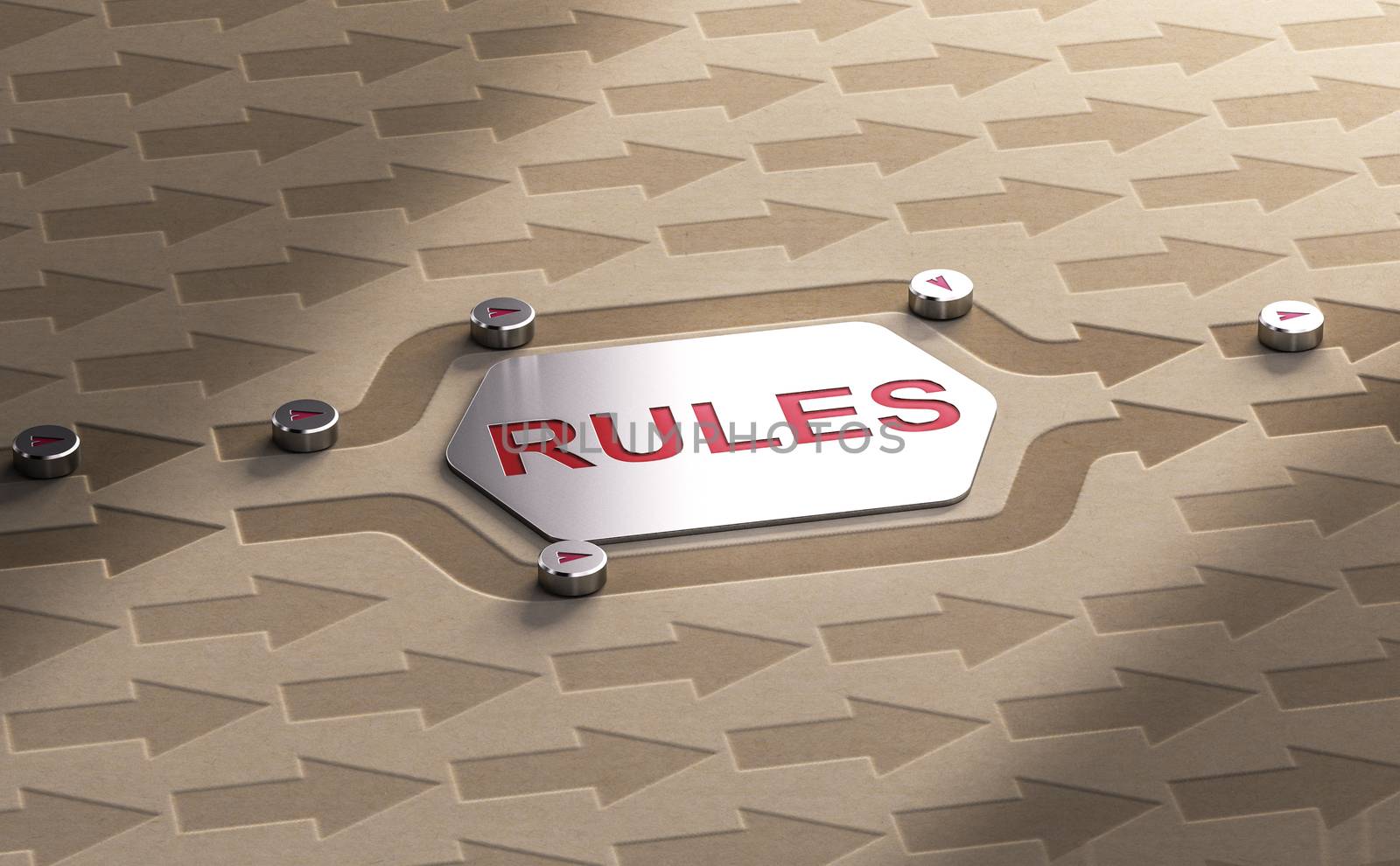 3D illustration of arrows getting around the word rules. 