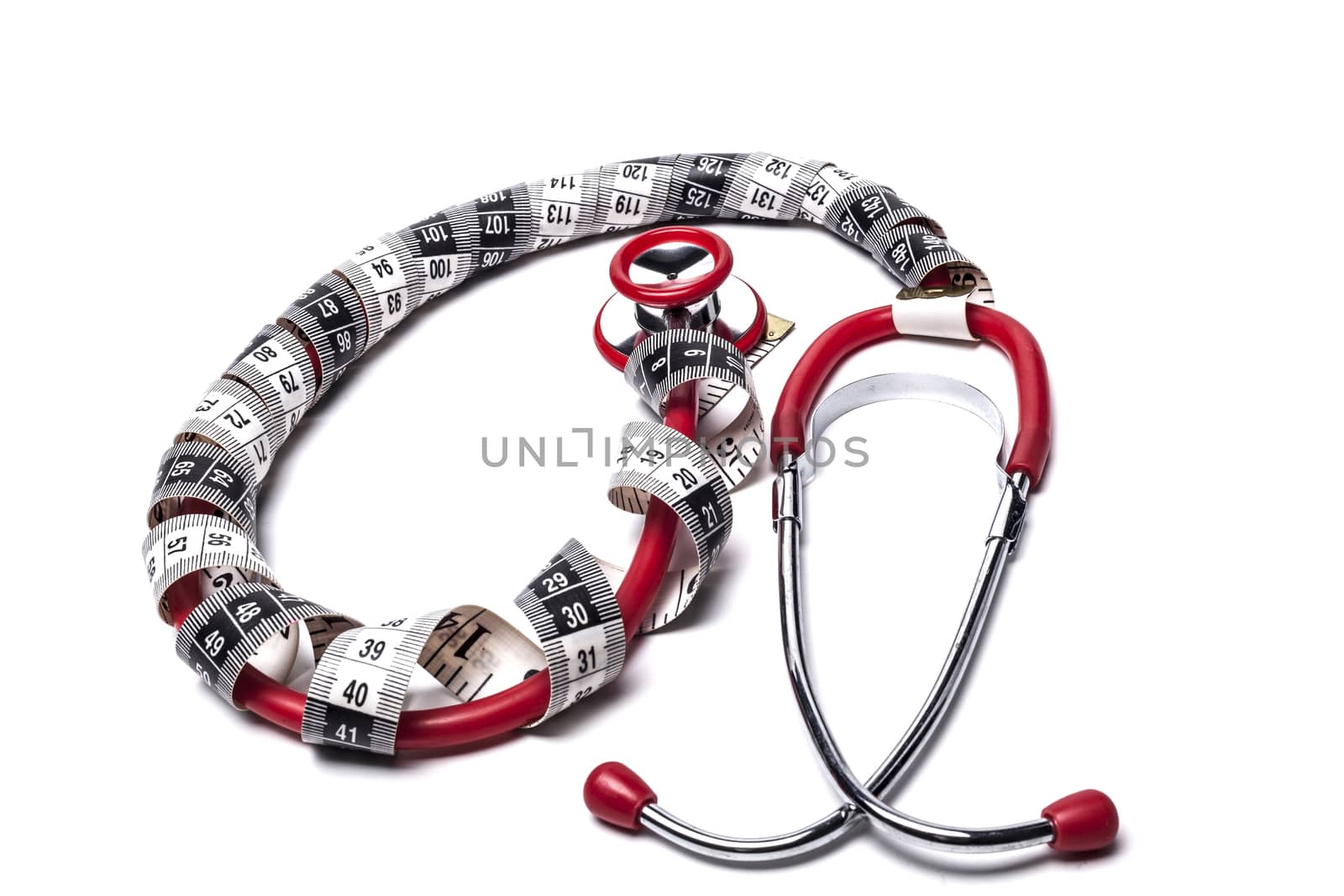 Red Stethoscope With Black Measuring Tape Isolated on White