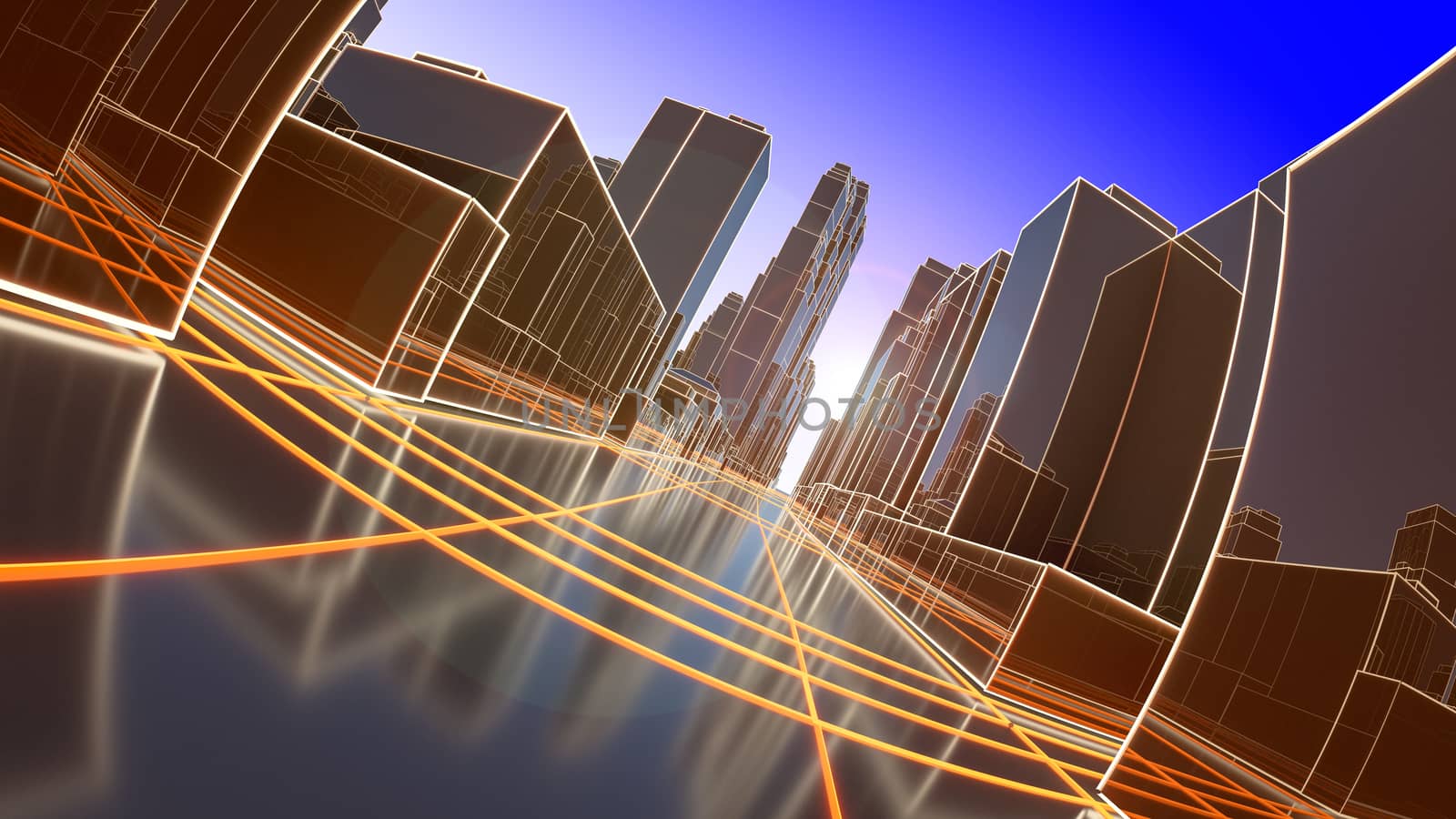 Abstract 3D city with luminous lines and black mirror buildings. The concept of new technologies. 3d illustration