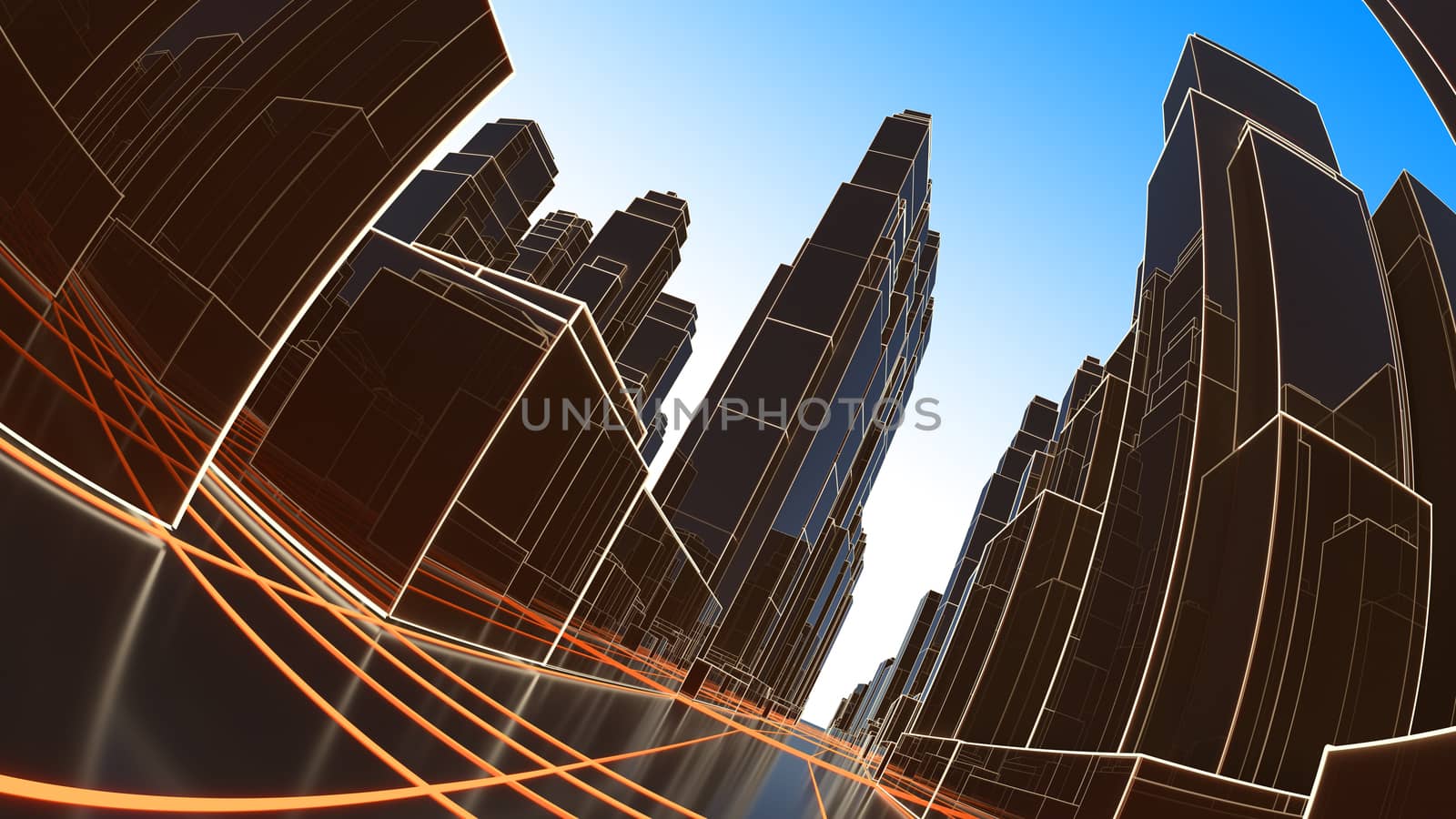 Abstract 3D city with luminous lines and black mirror buildings by cherezoff