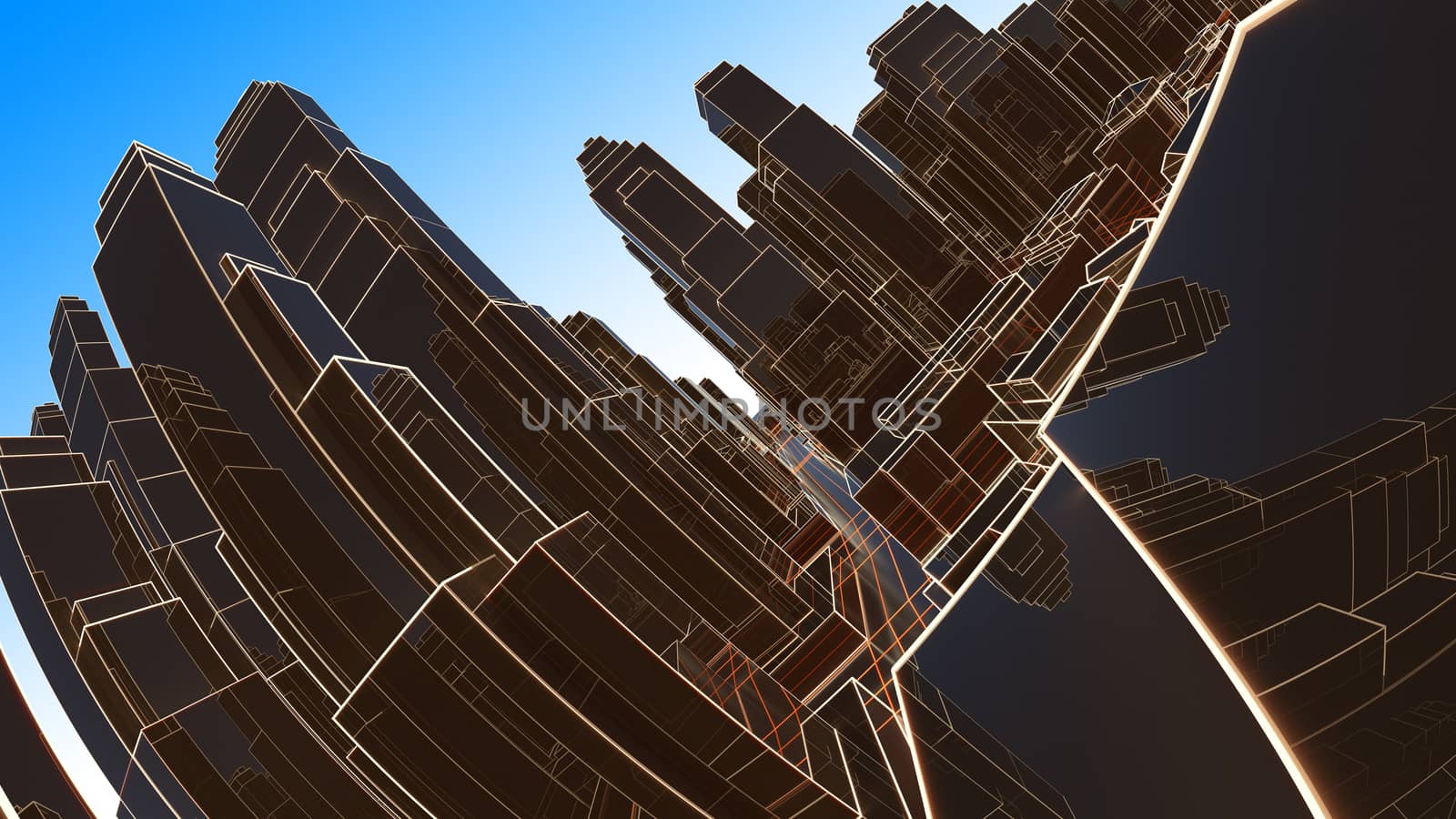 Abstract 3D city with luminous lines and black mirror buildings. The concept of new technologies. 3d illustration