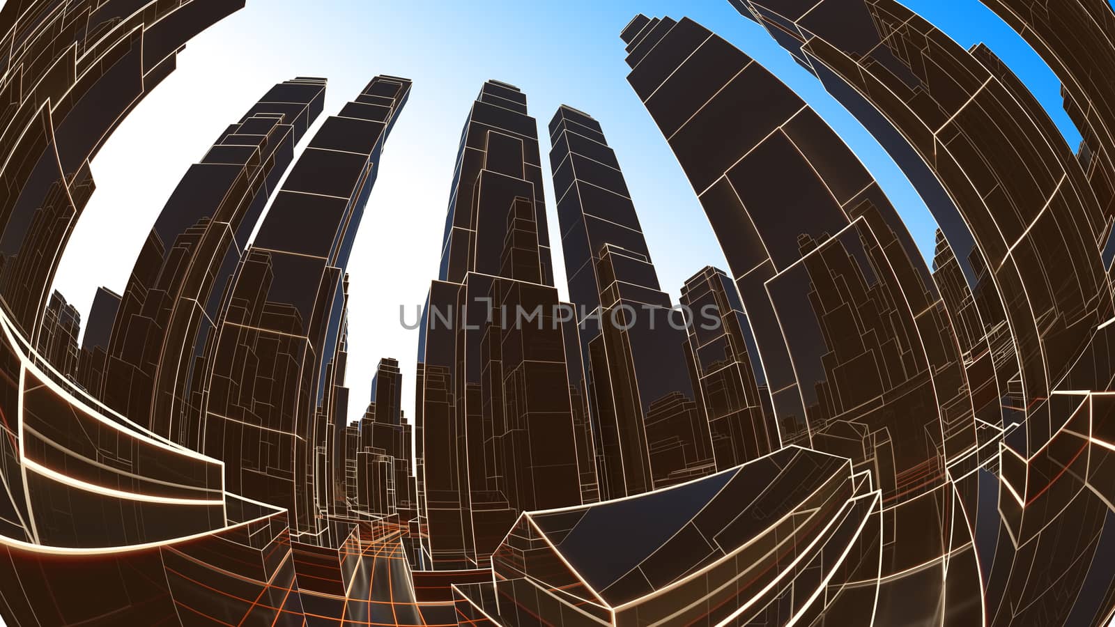 Abstract 3D city with luminous lines and black mirror buildings. The concept of new technologies. 3d illustration