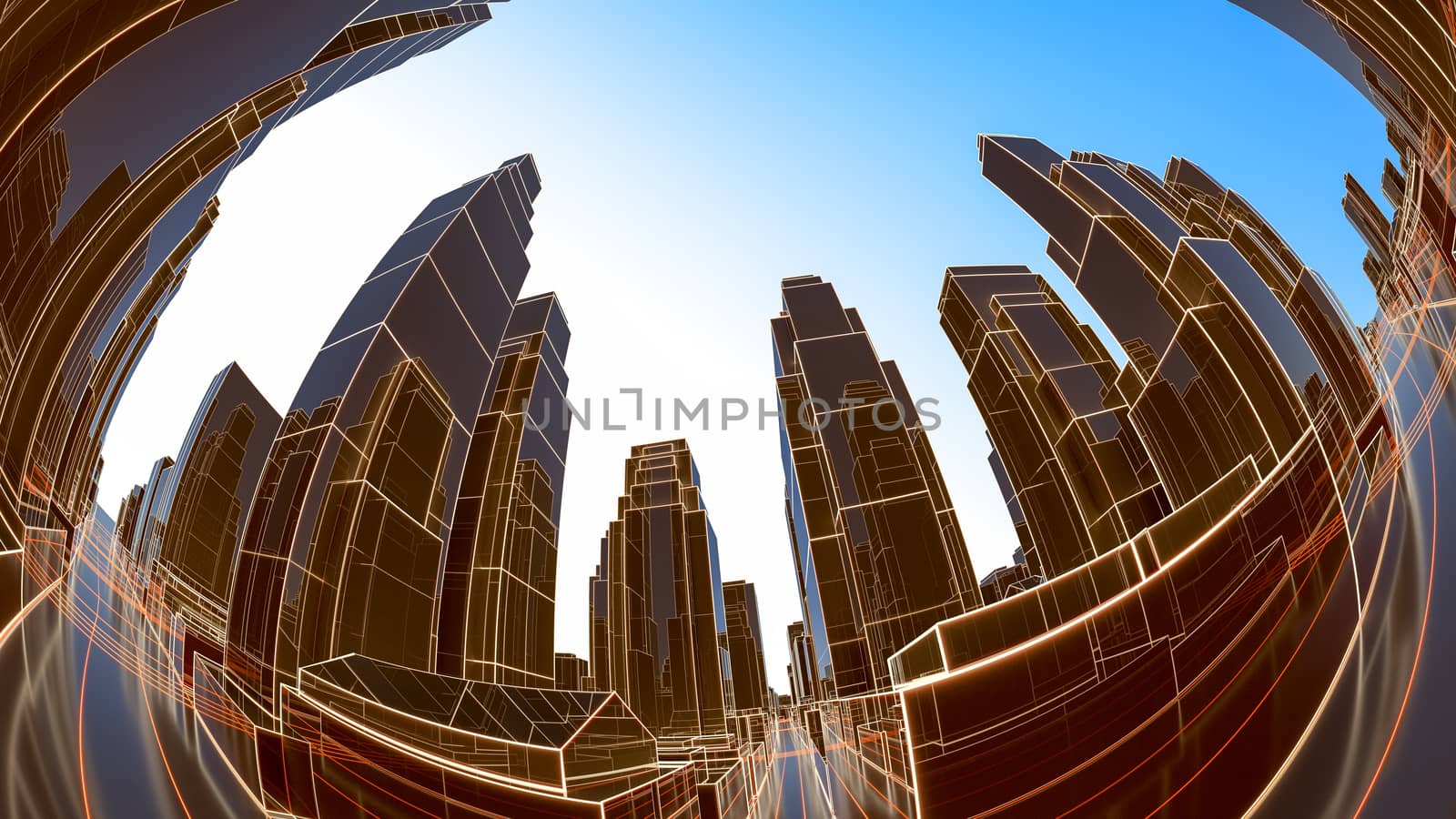 Abstract 3D city with luminous lines and black mirror buildings by cherezoff