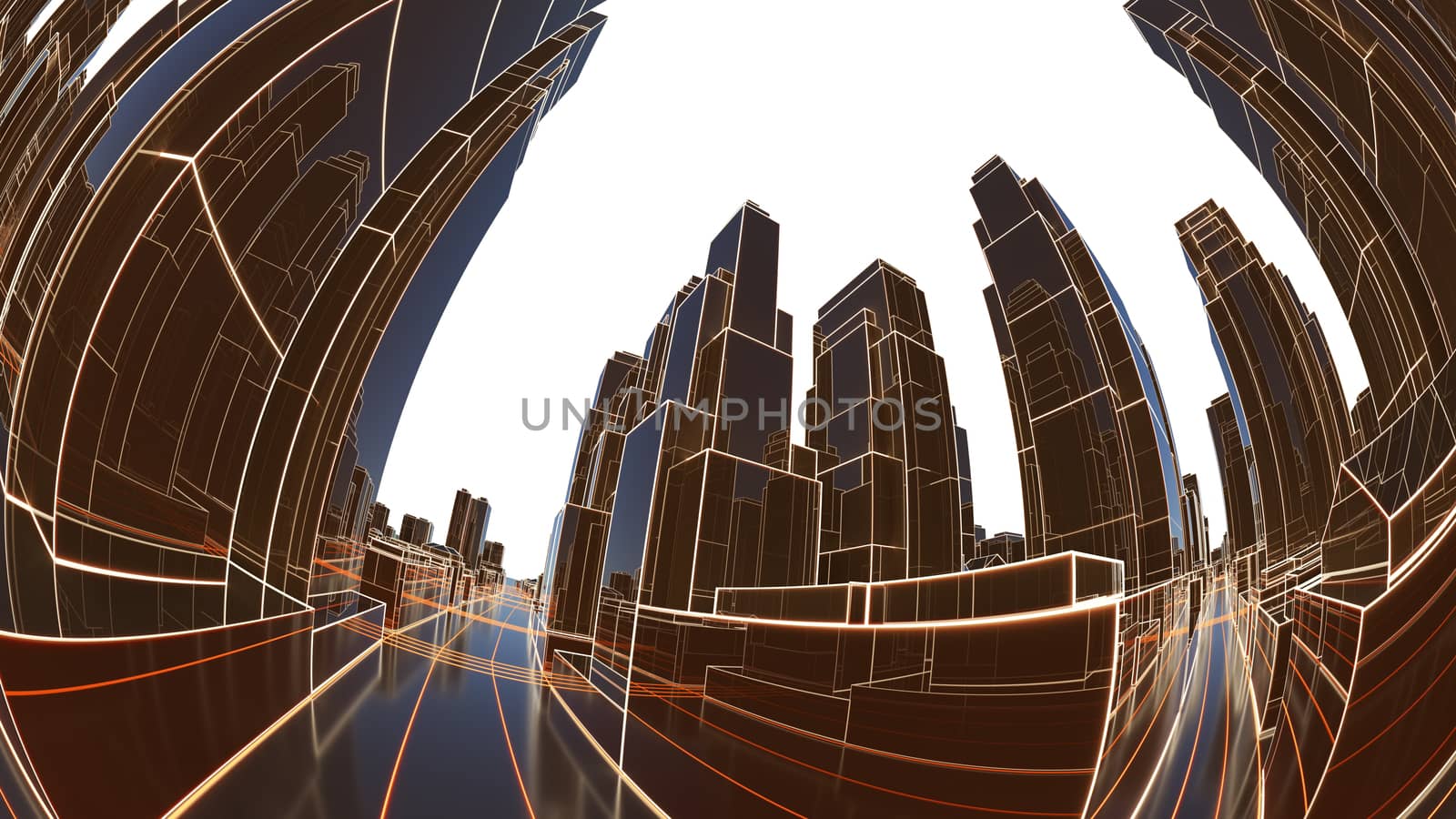 Abstract 3D city with luminous lines and black mirror buildings by cherezoff