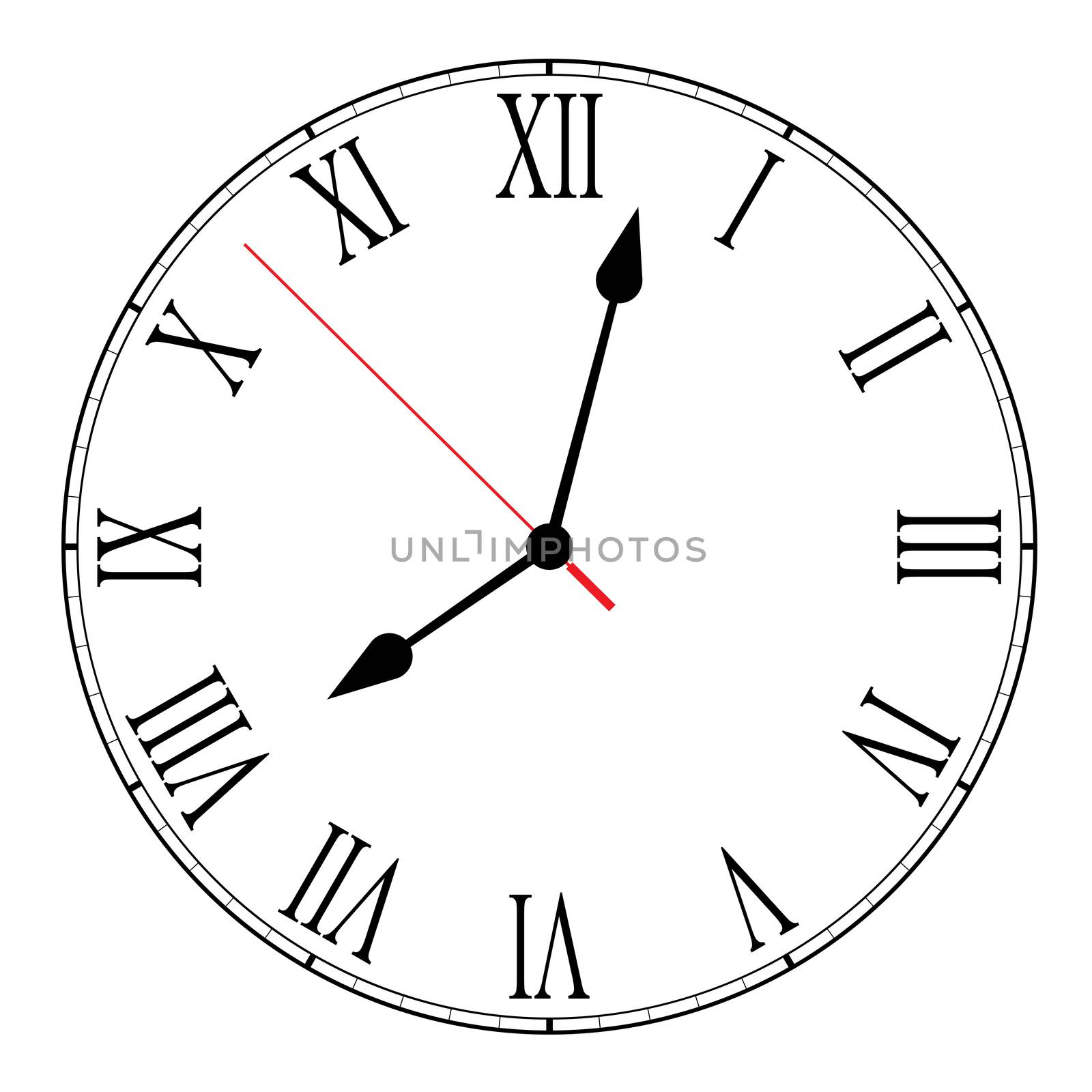 Vector illustration of blank clock face dial with Roman numerals, hour, minute and second hands isolated on white background