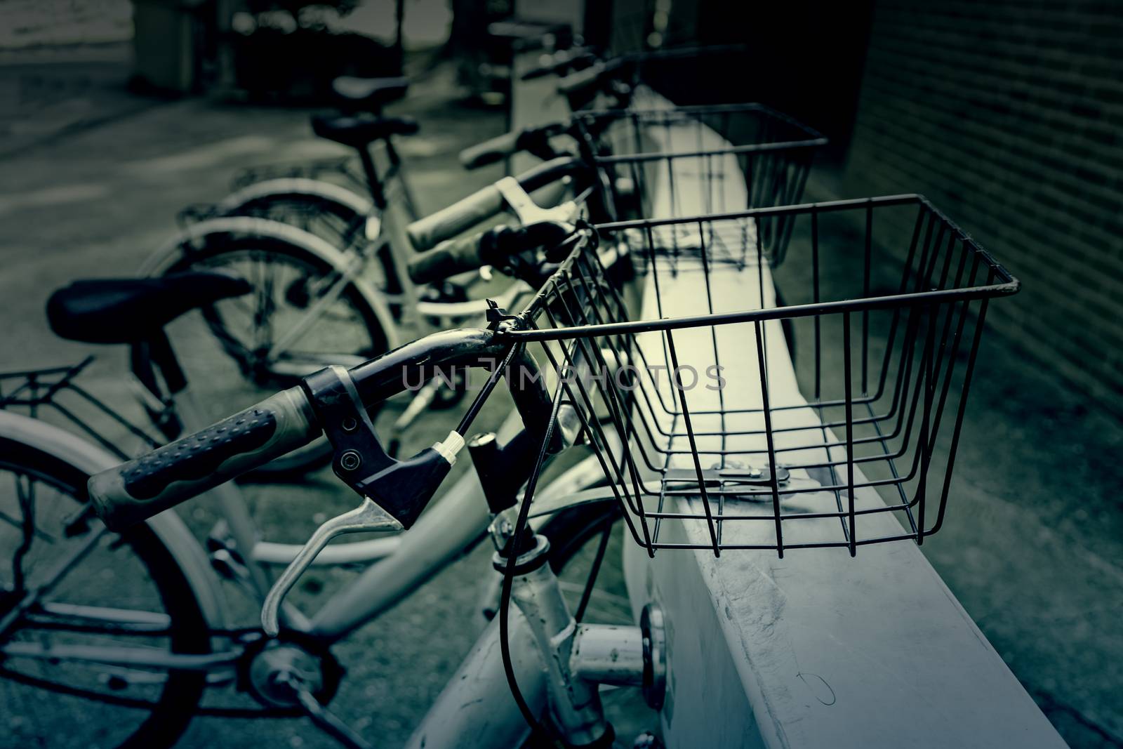 Stops in the city Bicycles, detail of a means of transportation on the street, health and environment