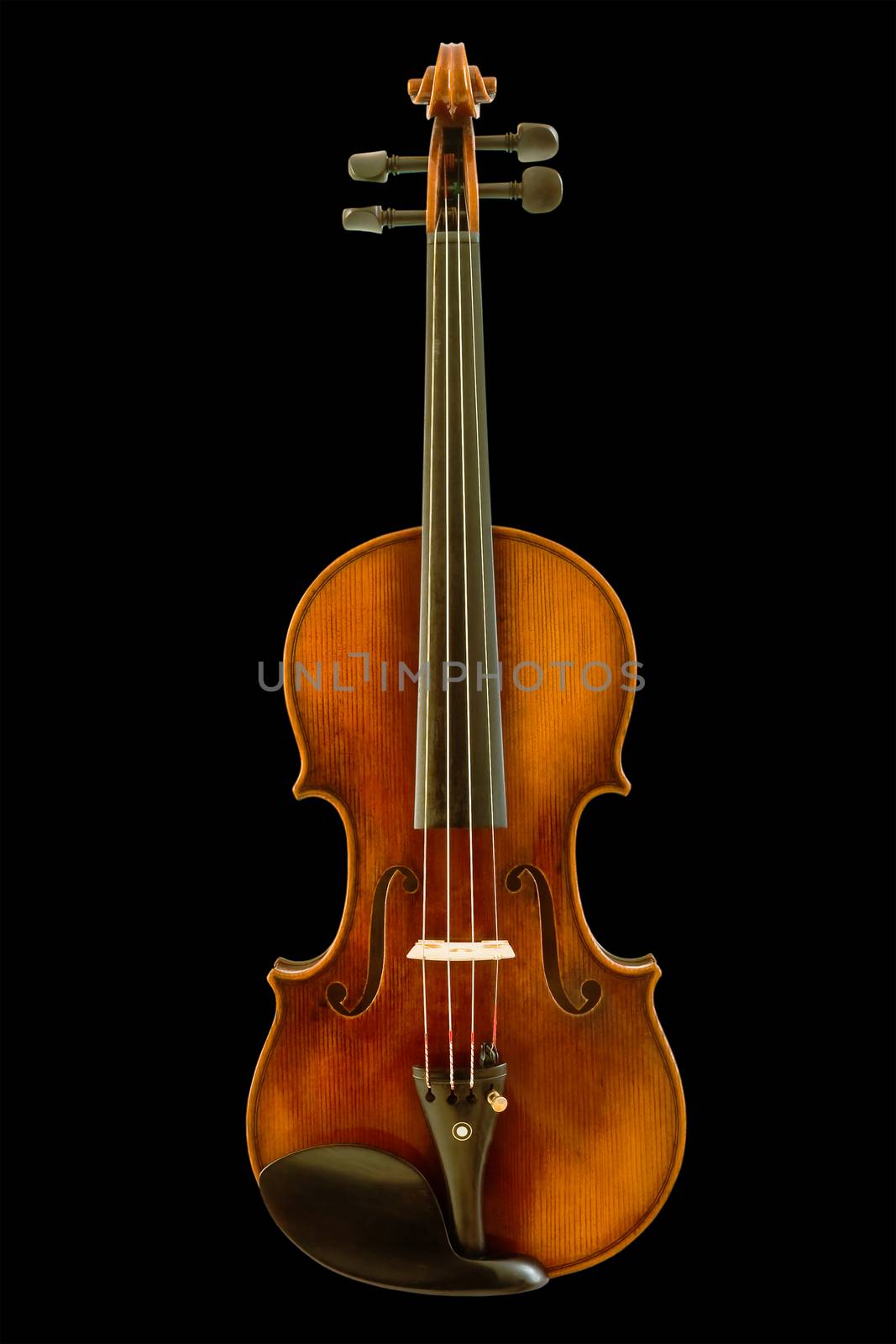 Front view of vintage violin isolated on black background, clipping path.
