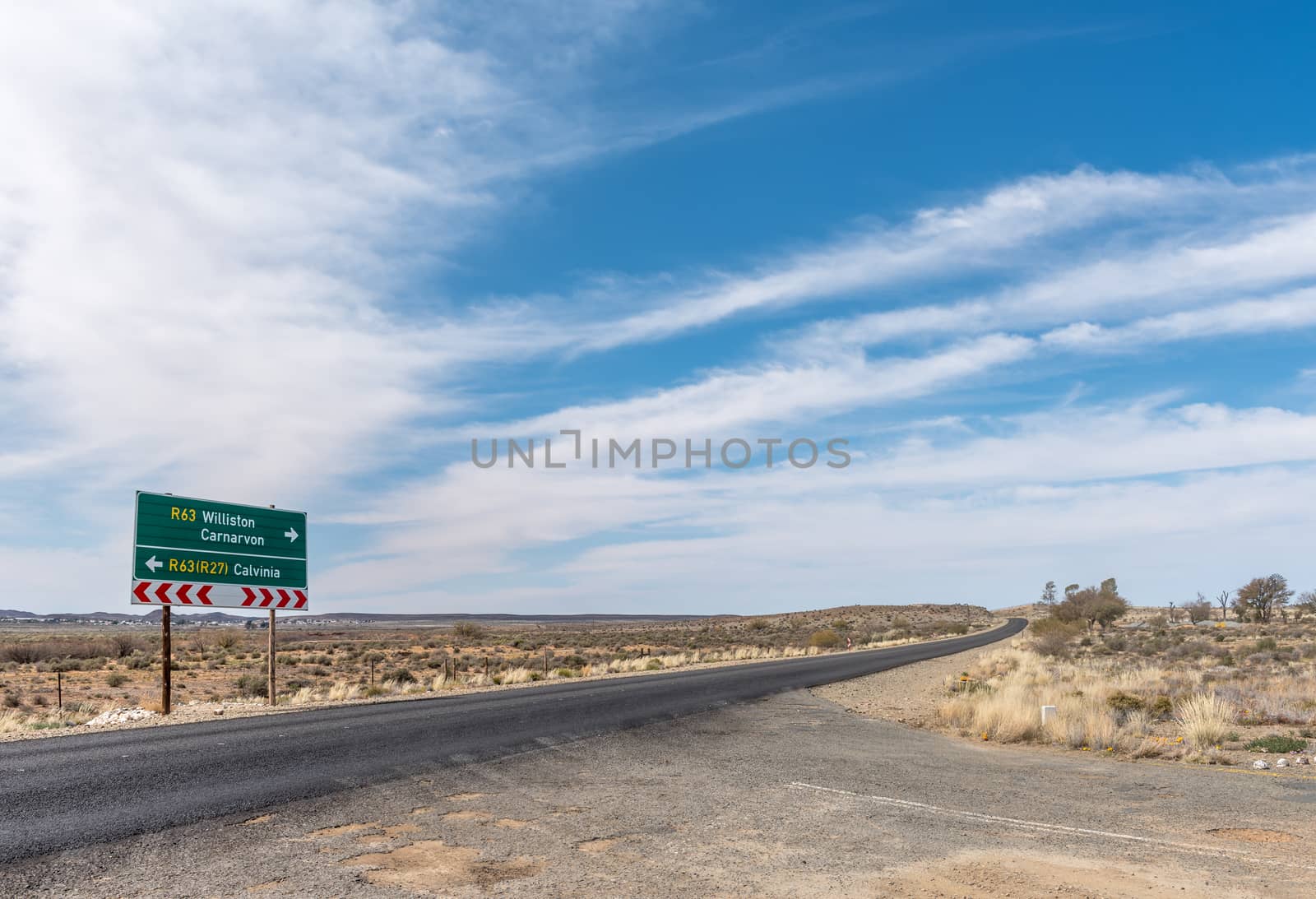 A directional road sign on road R63 near Williston in the Northern Cape Province of South Africa
