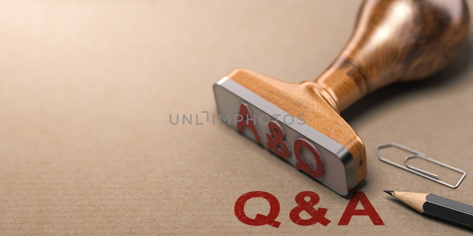 Q and A, question and answer rubber stamp over paper background. 3D illustration 