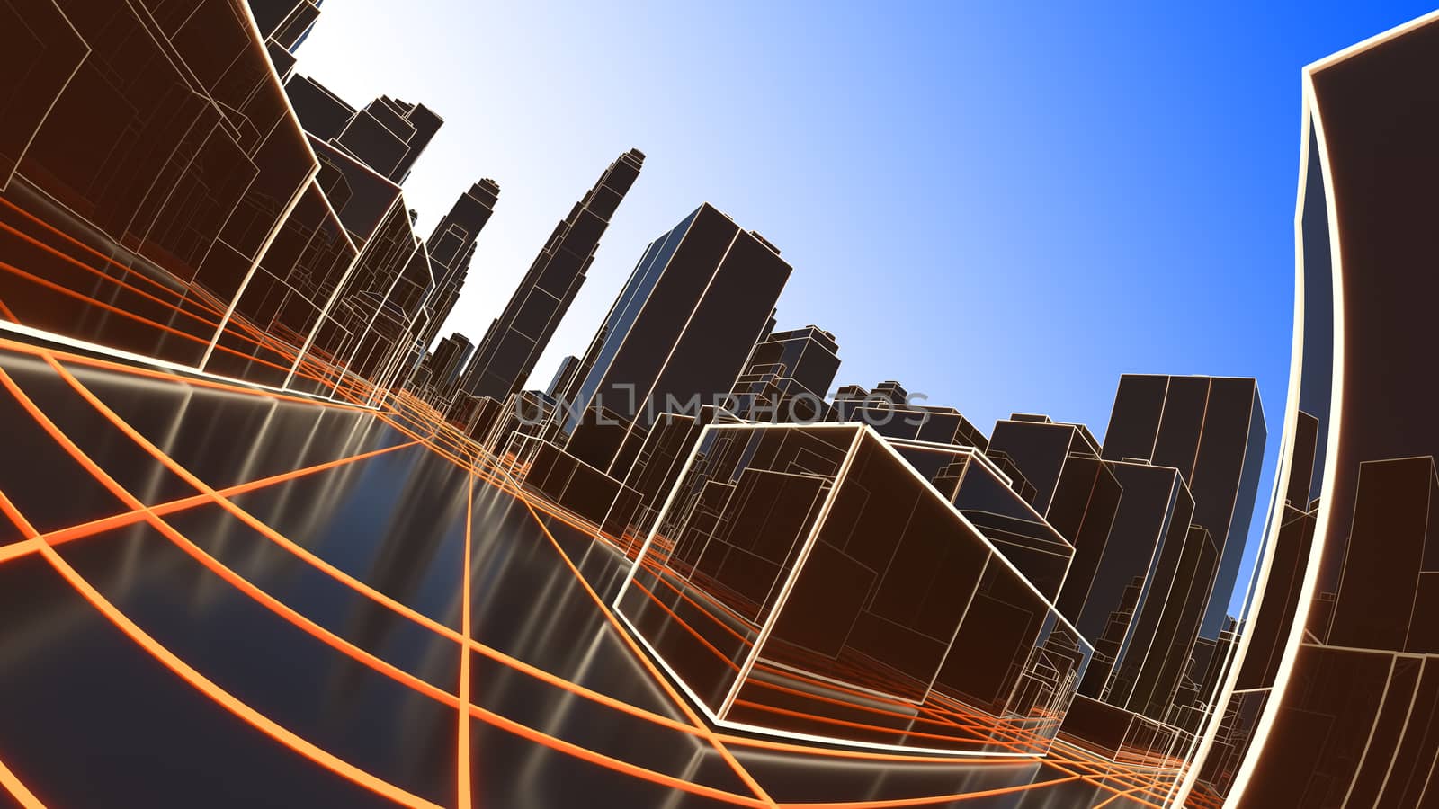 Abstract 3D city with luminous lines and black mirror buildings by cherezoff