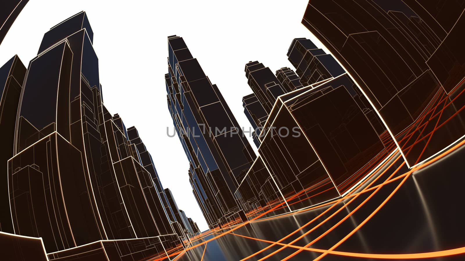 Abstract 3D city with luminous lines and black mirror buildings by cherezoff
