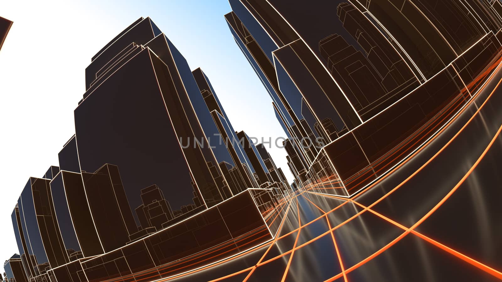 Abstract 3D city with luminous lines and black mirror buildings. The concept of new technologies. 3d illustration