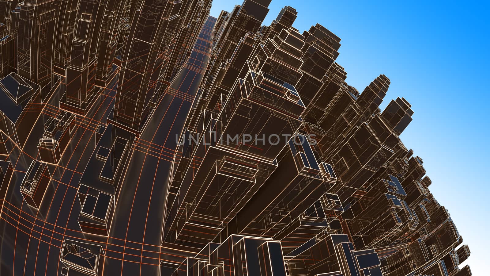 Abstract 3D city with luminous lines and black mirror buildings. The concept of new technologies. 3d illustration