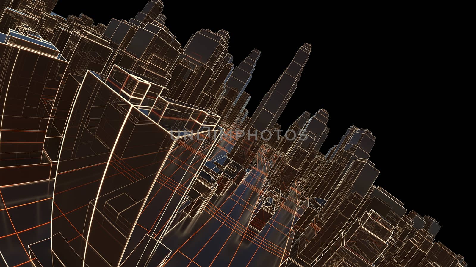 Abstract 3D city with luminous lines and black mirror buildings by cherezoff