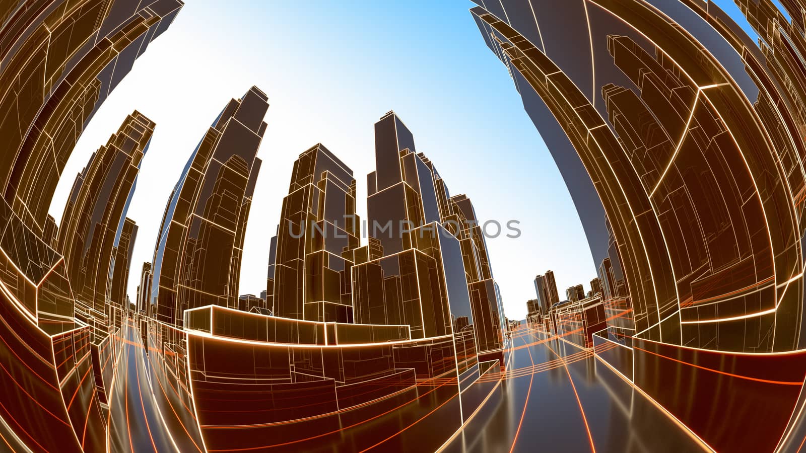 Abstract 3D city with luminous lines and black mirror buildings. The concept of new technologies. 3d illustration