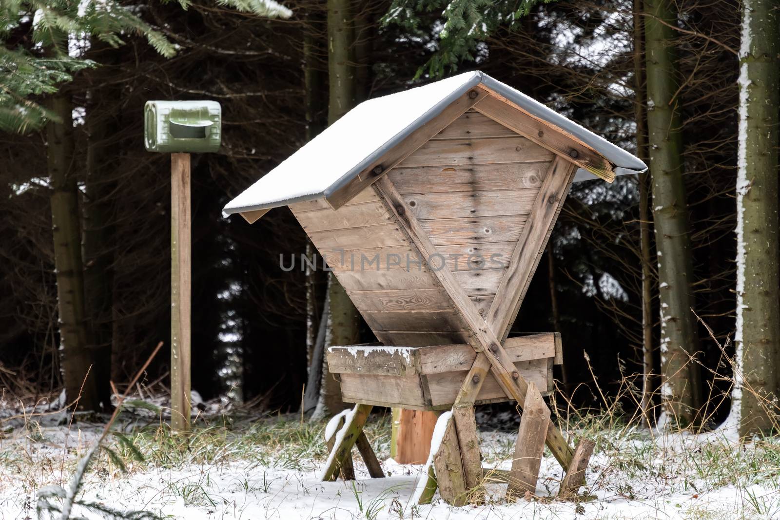 Feeder in a forest in winter with snow in Bavaria, Germany
