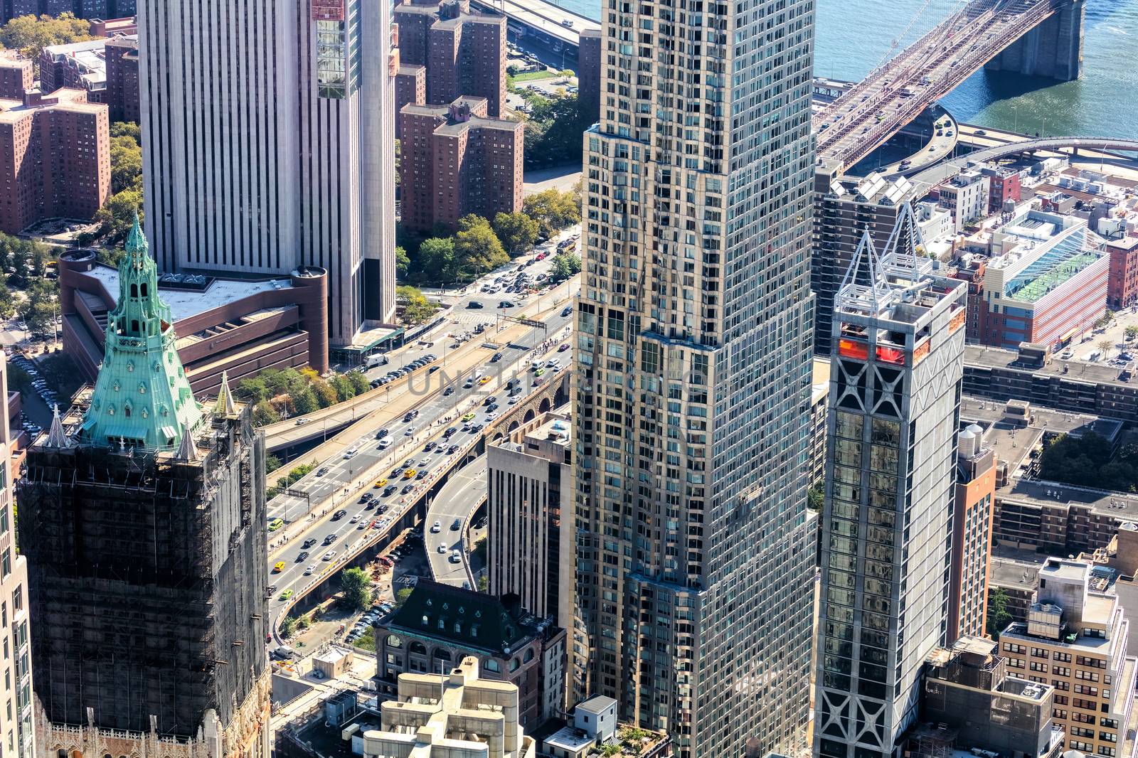 Brooklyn Bridge Bridgehead with traffic, New York, USA