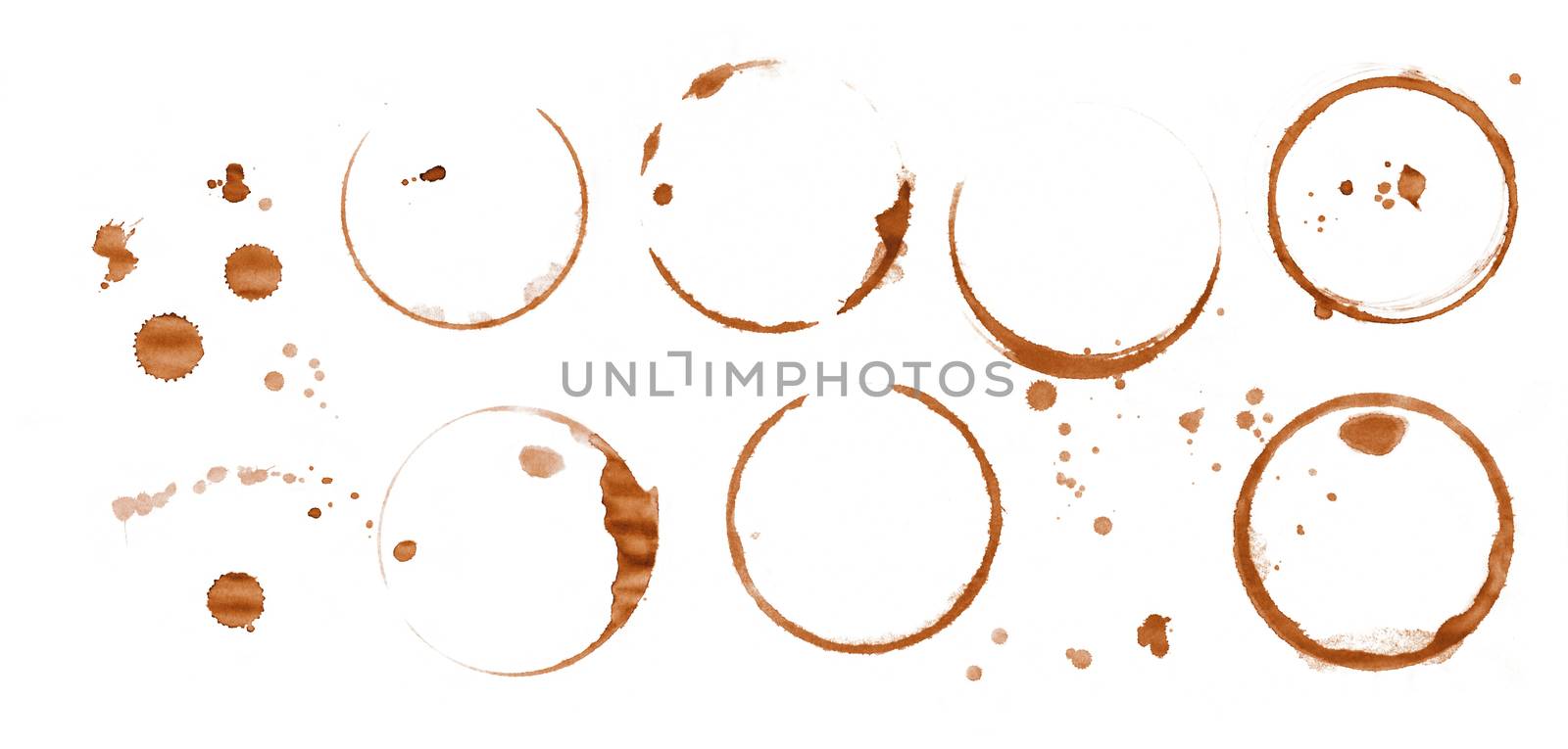 Dry brown coffee cup or mug ring stains and blob drops isolated on white background