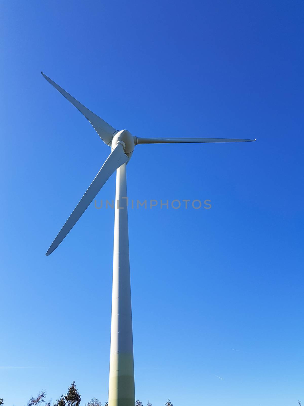 Wind turbine generating electricity in Holland, photographed from below.