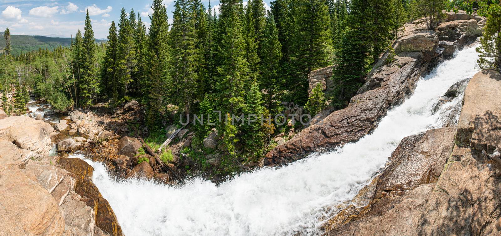 Panorama from Glacier Creek Trail to Alberta Falls in Rocky Mountain National Park, Colorado